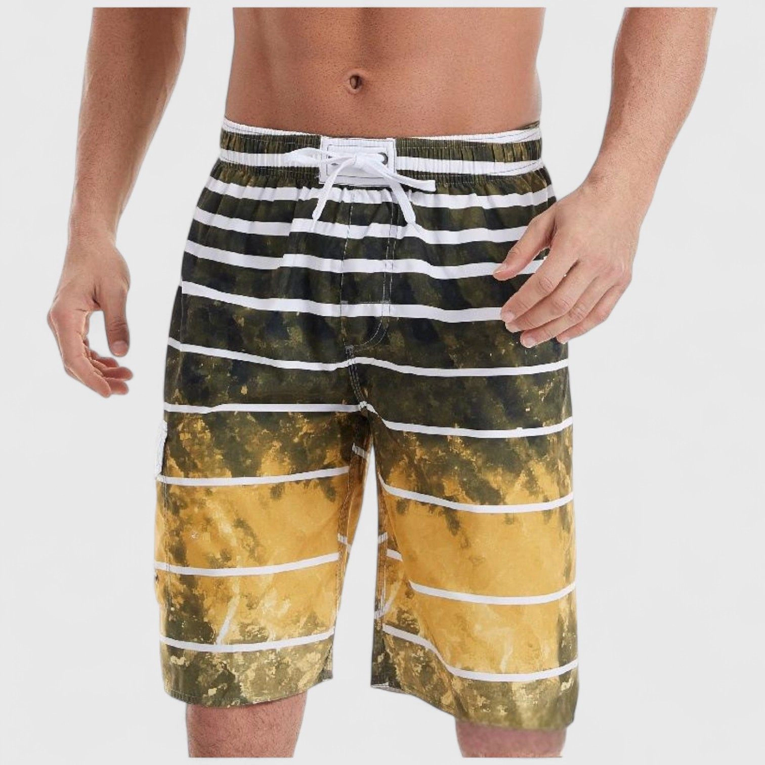 Anna-Kaci Men's Striped Ombre Board Shorts with Elastic Waistband and Drawstring Closure