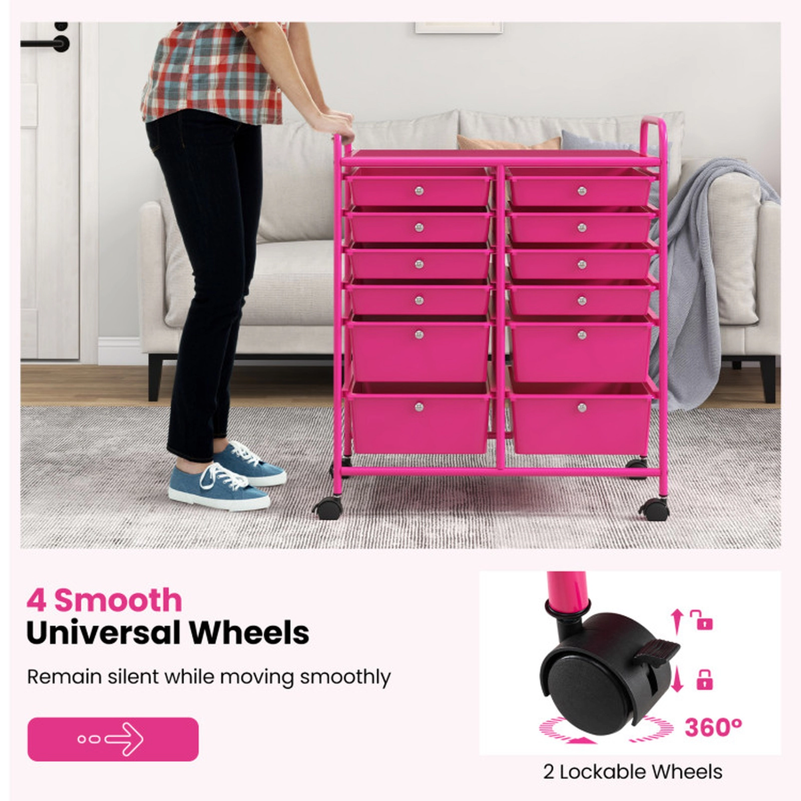 SUGIFT 12-Drawer Rolling Storage Cart Removable Drawers Metal Top 4 Casters 2 Brakes Salon Office Craft Storage Rose Red