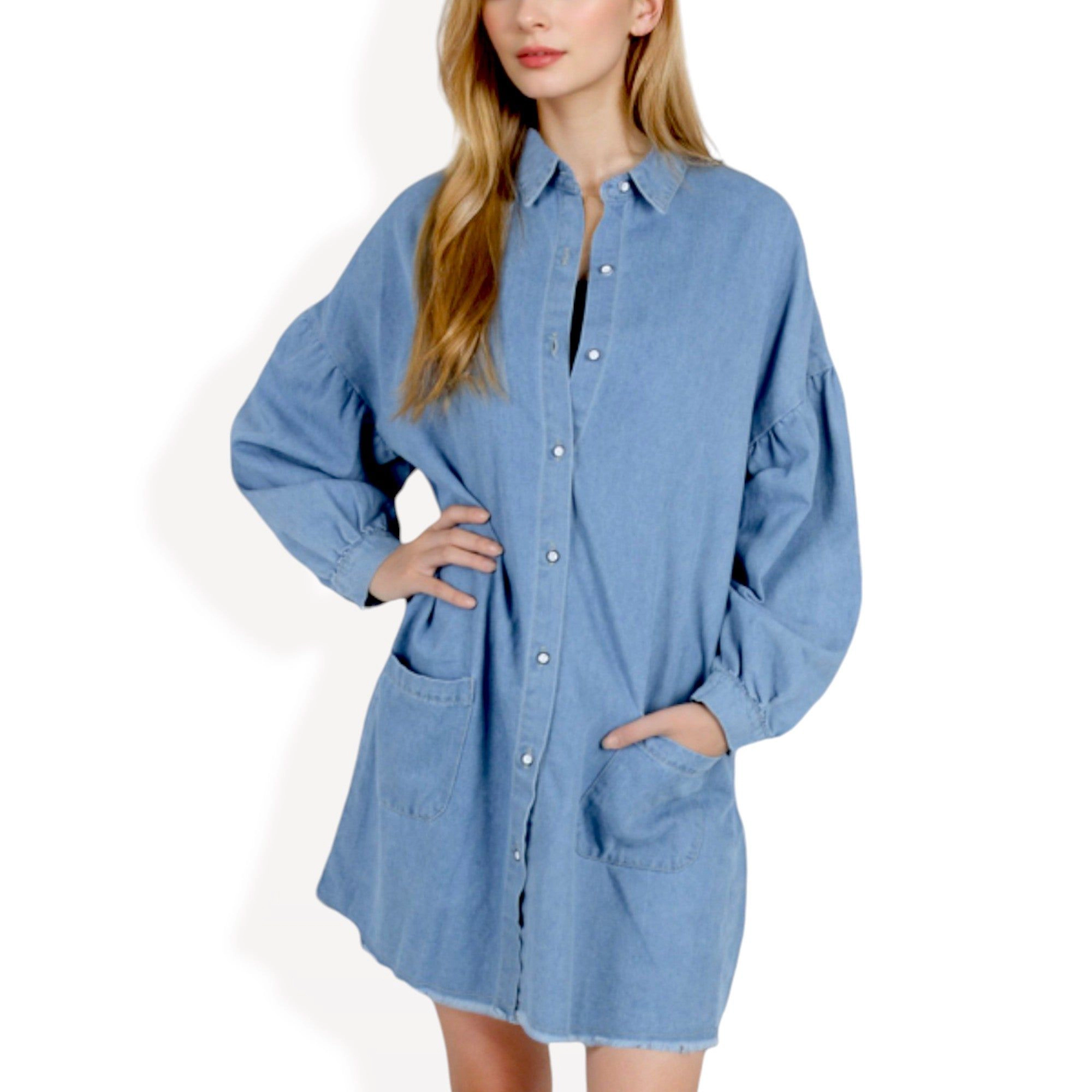 Anna-Kaci Women's Long Sleeve Denim Front Button Closure Patch Pockets Shirt Dress