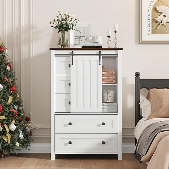 BebreezChic Farmhouse 5-Drawer Dresser for Bedroom, Wood Chest with Sliding Barn Door, Adjustable Shelf