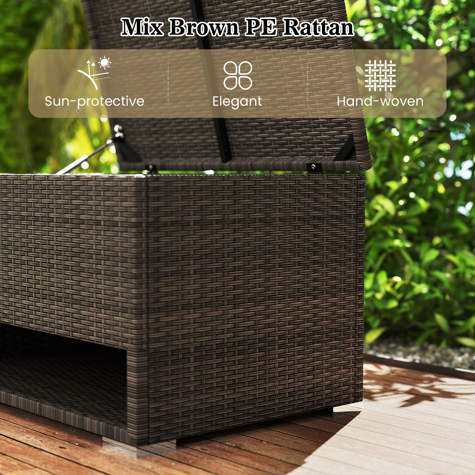 SUGIFT PE Rattan Outdoor Storage Box with Waterproof Liner 48-Gallon 38-in Wide 110-lb Lid Capacity Mix Brown 1-Piece