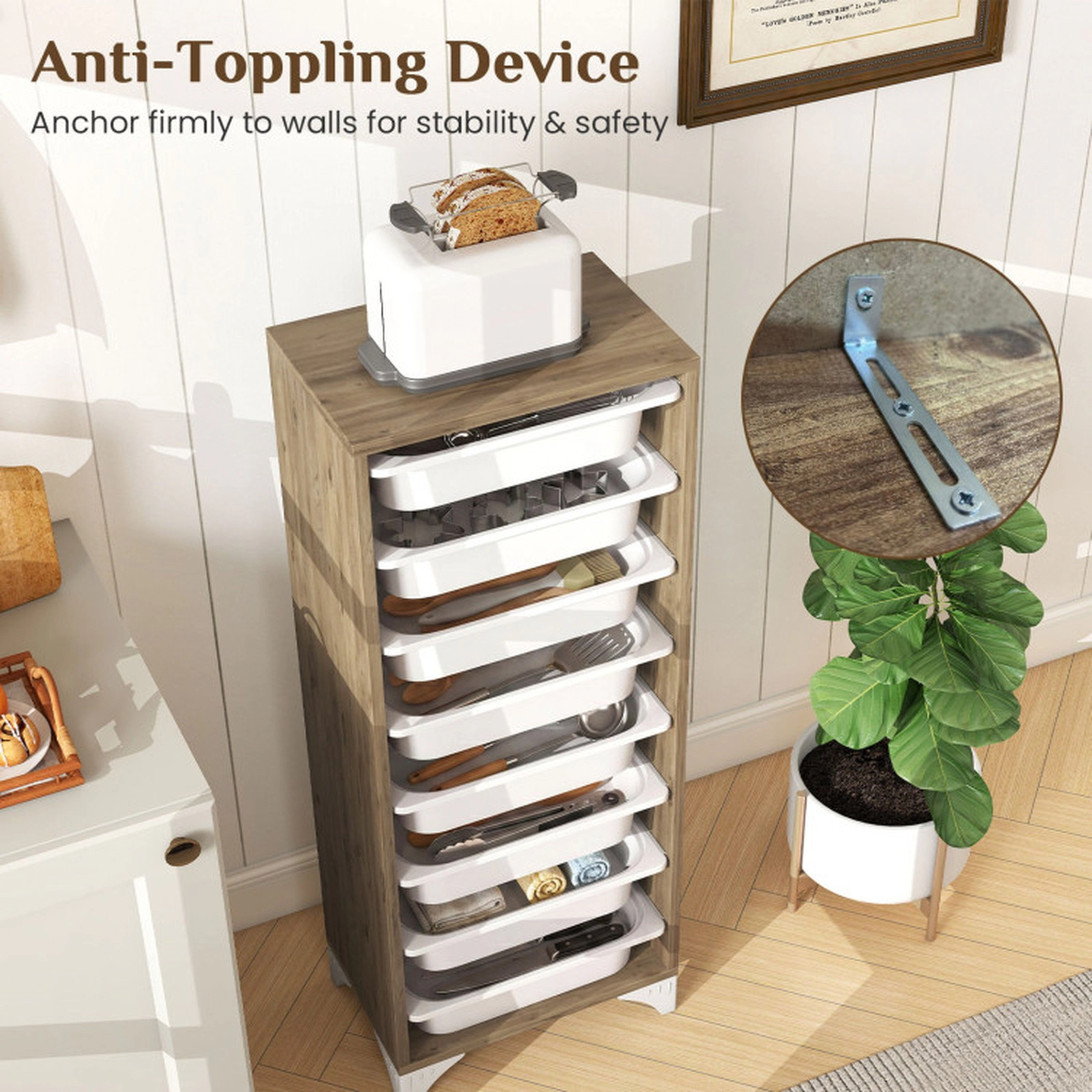 SUGIFT 9-Tier 46-in Oak Wooden Freestanding Fruit and Vegetable Storage Rack with 8 Slide-Out Baskets