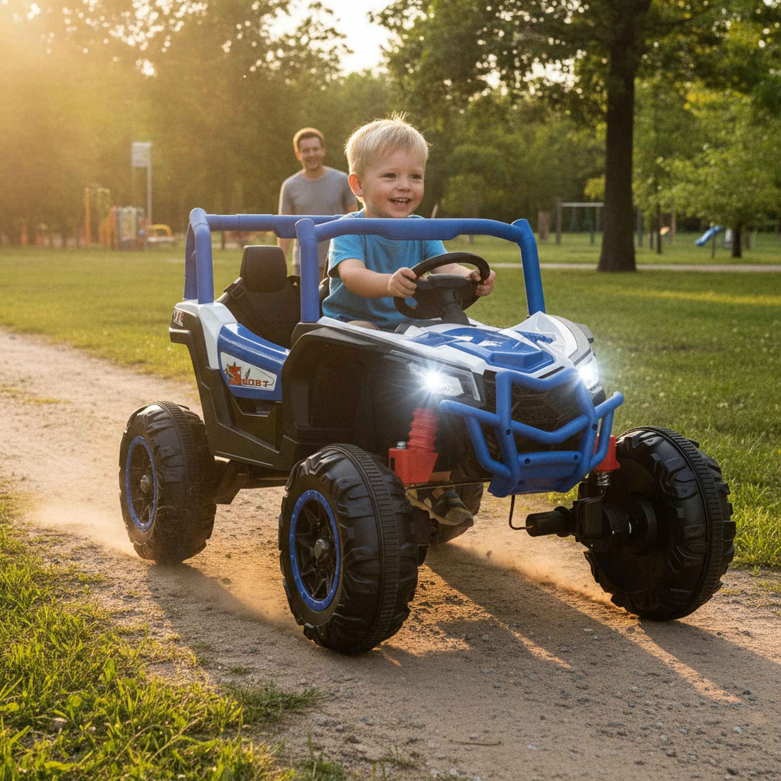 24V 2-Seater Kids Ride On UTV 3-Point Safety Belts Lockable Doors 2.4G Parent Remote Spring Suspension Ages 3+ Navy