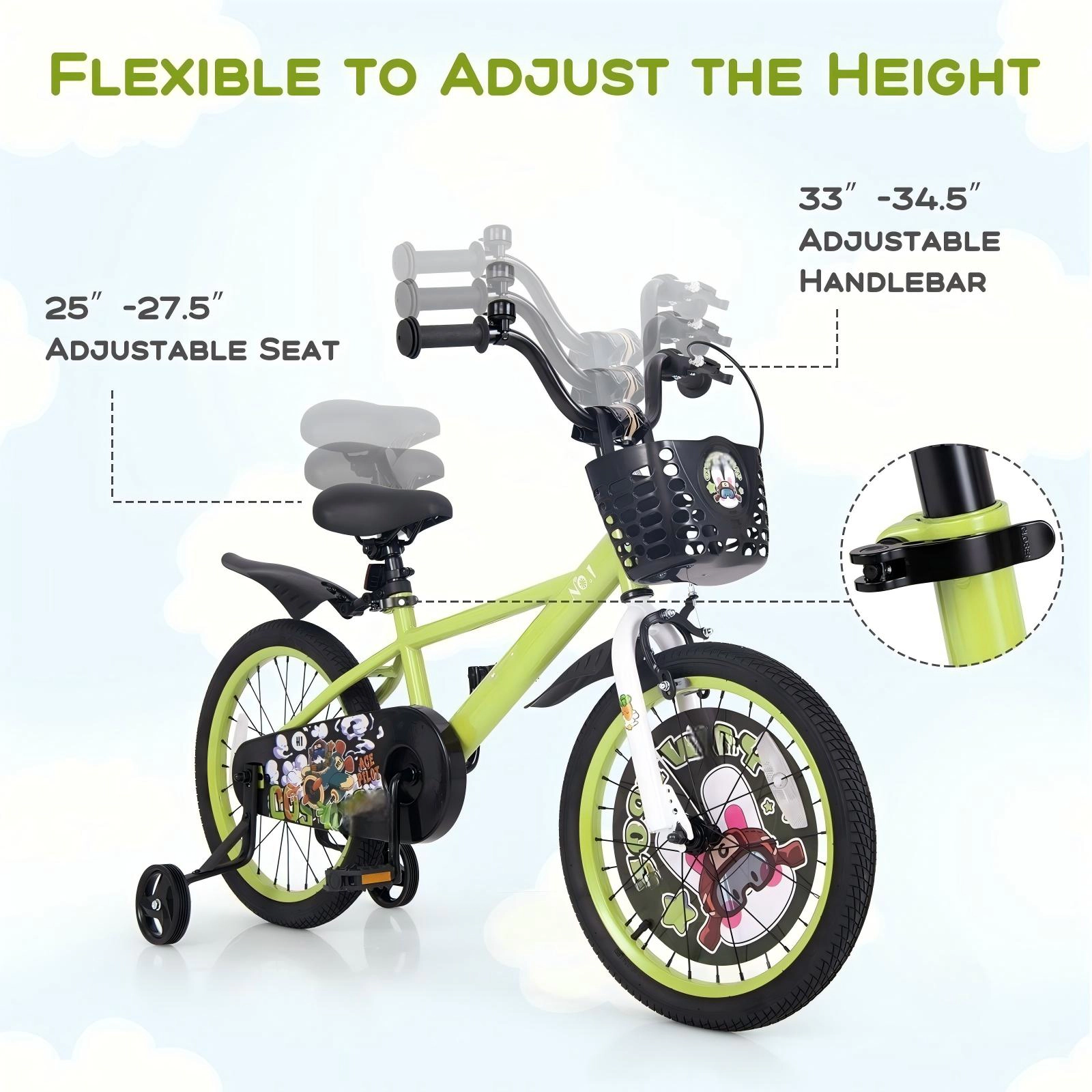 SUGIFT 18-Inch Green Kids Bike, Carbon Steel, Basket, Kickstand, Removable Training Wheels