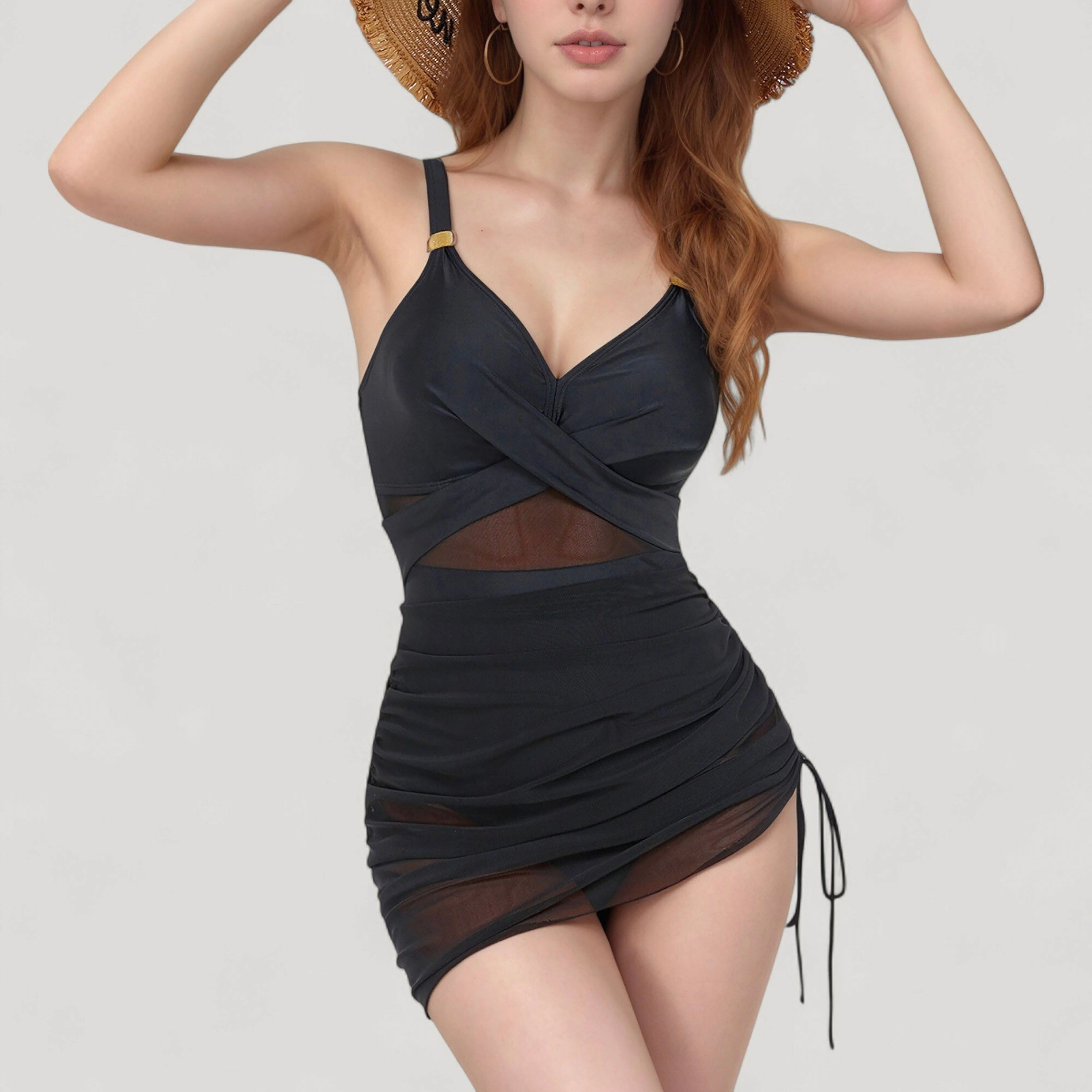Anna-Kaci Women Ruched One-Piece Swim Dress - Mesh Waist, Adjustable Side Drawstring