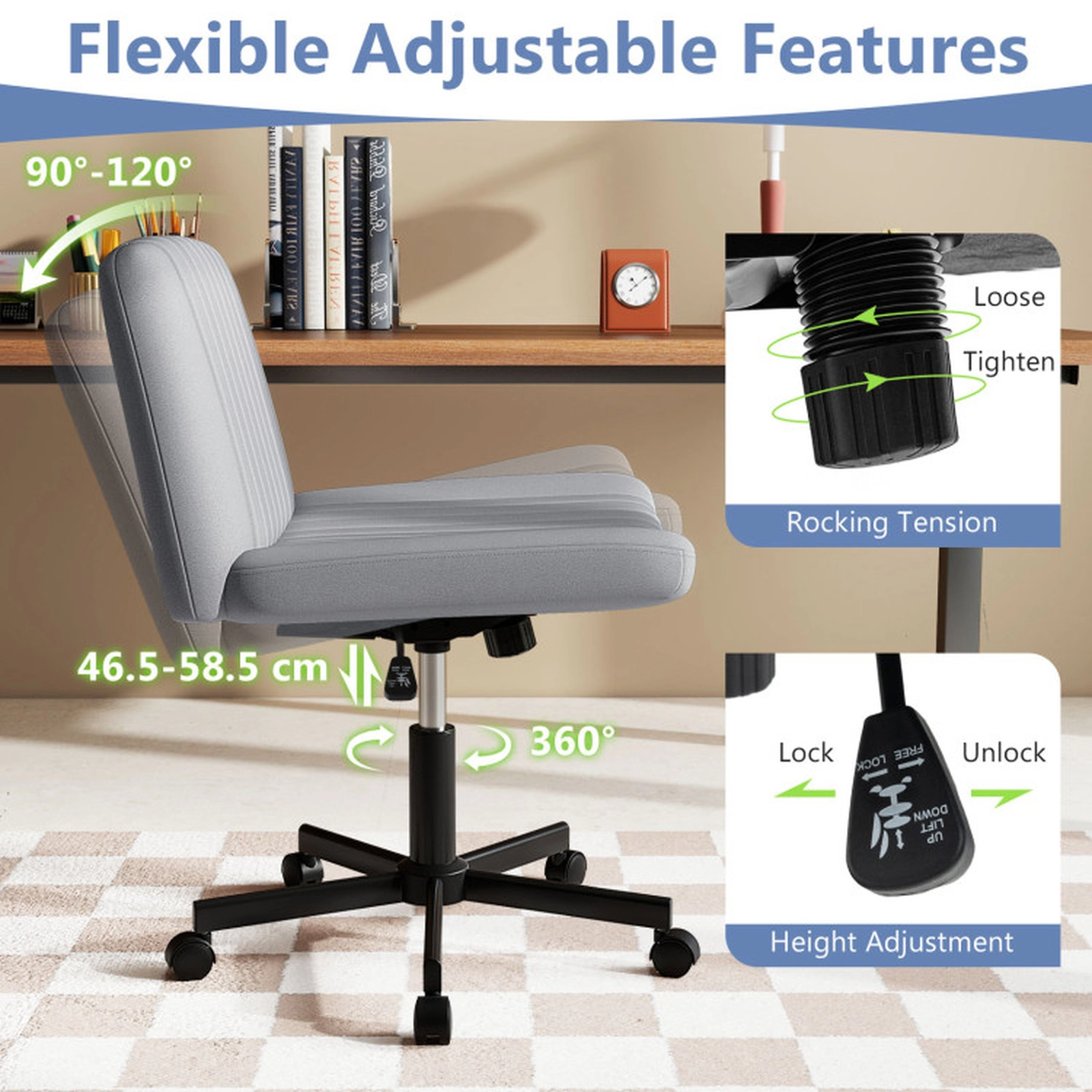 SUGIFT 350-lb Capacity Gray Armless Criss Cross Legged Swivel Desk Chair with Wheels and Wide Linen Seat