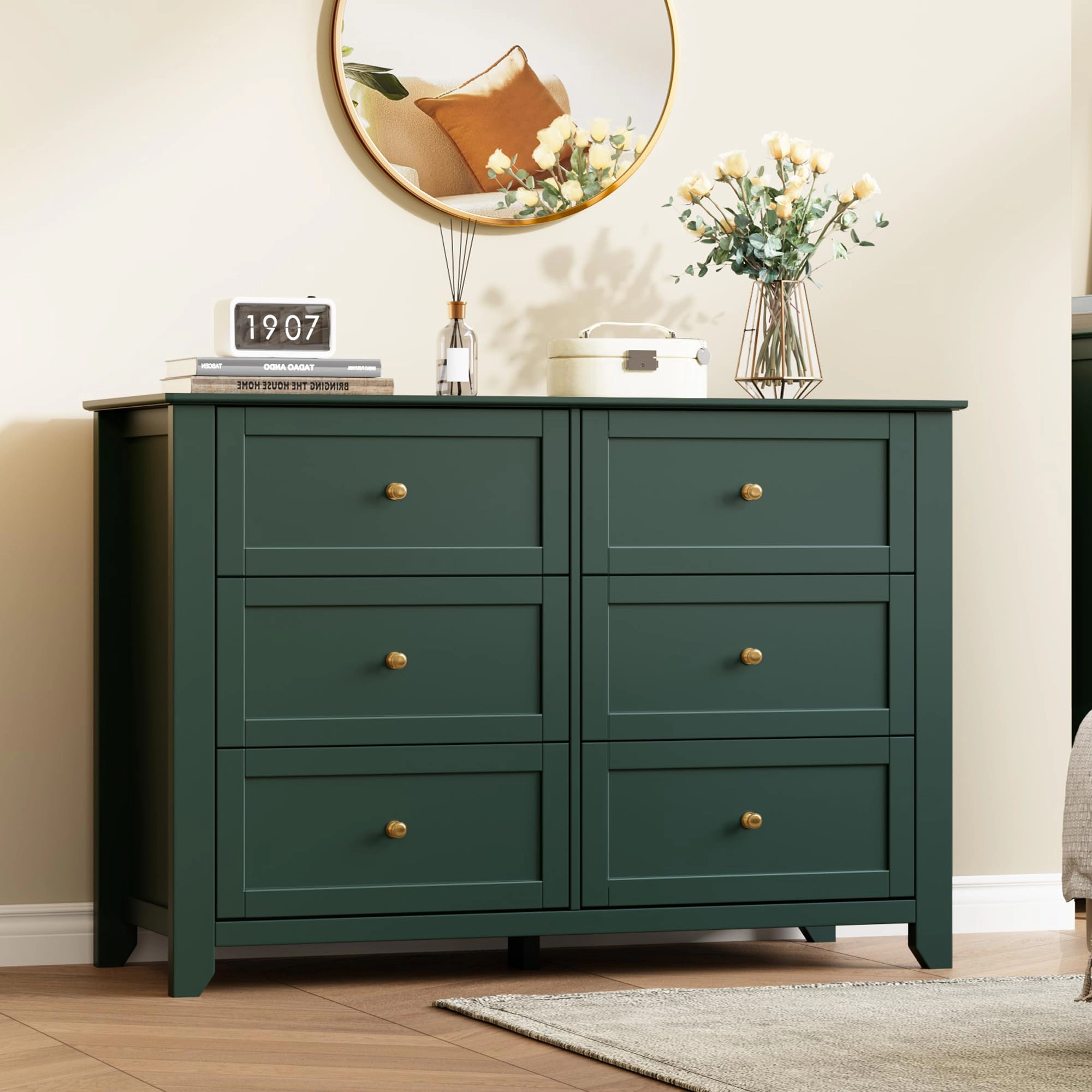 6 Drawer Dresser with Metal Knobs, 47.2" Wide Wooden Double Storage Chest for Bedroom Entryway Hallway