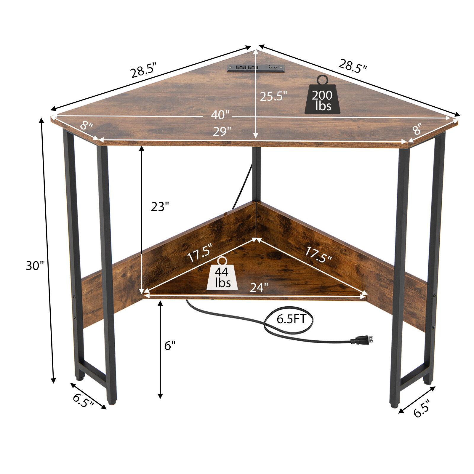SUGIFT Space-Saving Triangle Computer Corner Desk with Charging Station 200-lb Tabletop Capacity Rustic Brown