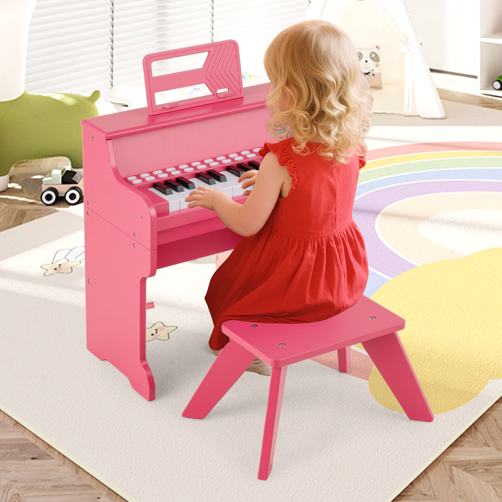 SUGIFT 25-Key Kids Piano Keyboard with Record and Playback Mini Digital Piano with Stool 15-in Wide 3+ Years Pink