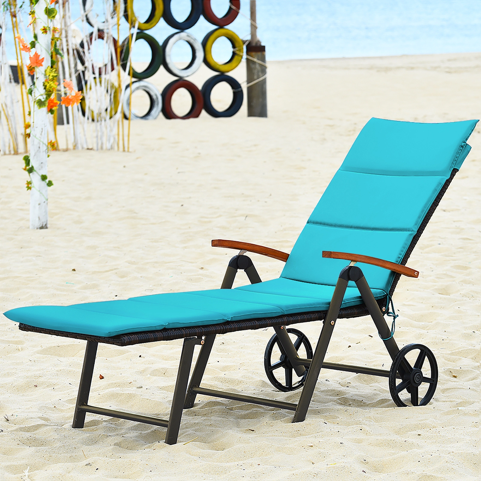 SUGIFT Adjustable Folding PE Rattan Outdoor Chaise Lounge Recliner Chair Cushion 385-lb Capacity 73-in Frame Turquoise