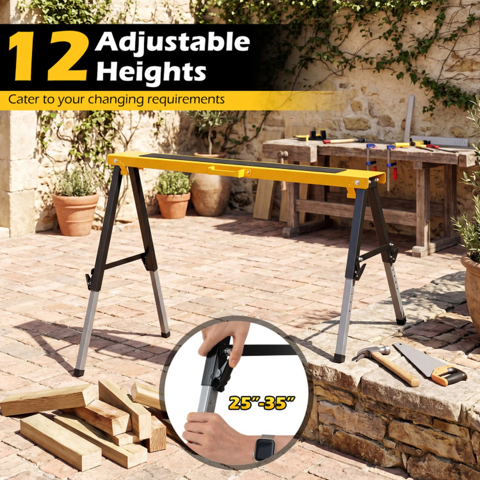 SUGIFT 2 Pack 660-lb Capacity Folding Saw Horses with 12 Adjustable Leg Heights and Carry Handles