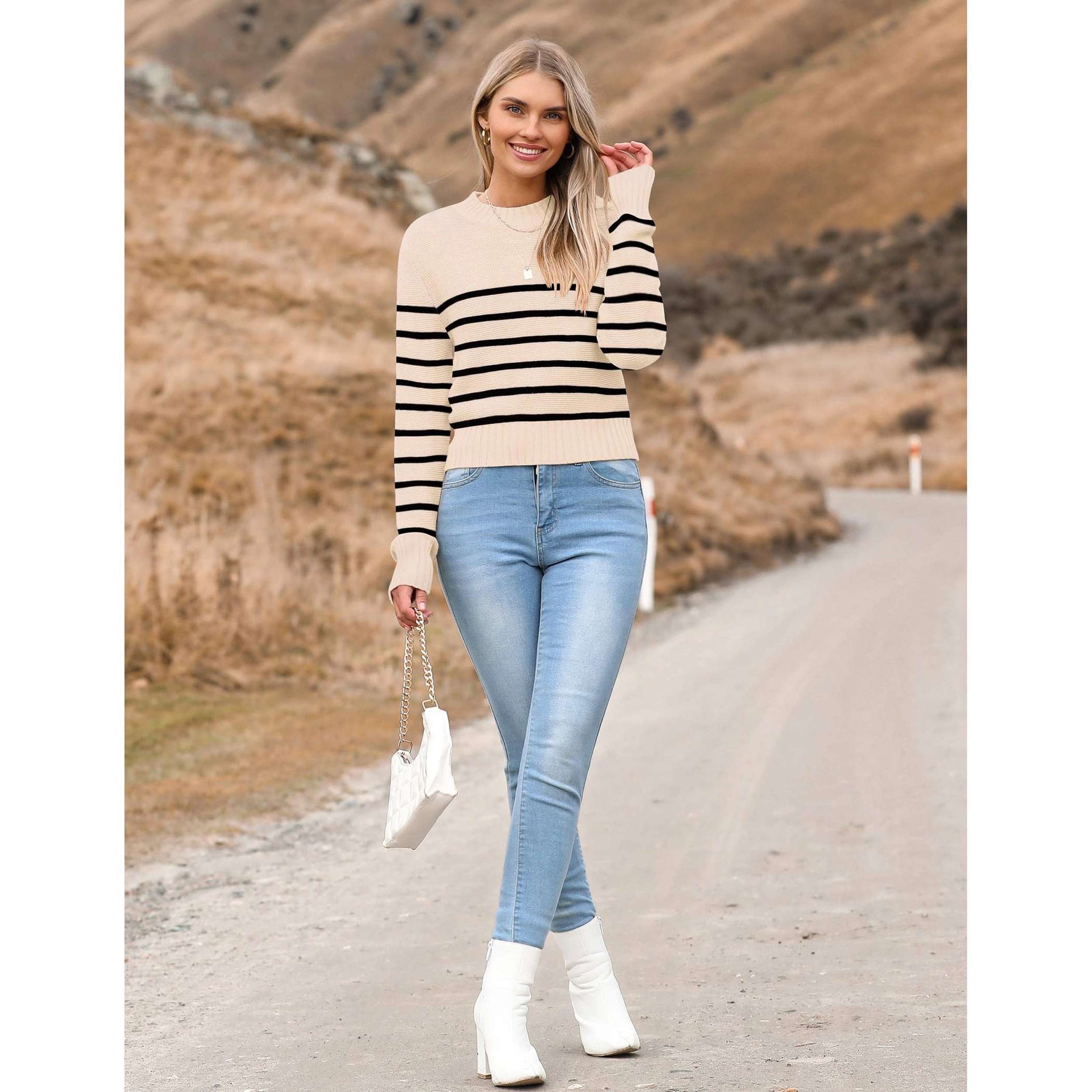 Zeagoo Women's Crewneck Cropped Long Sleeve Ribbed Knit Pullover