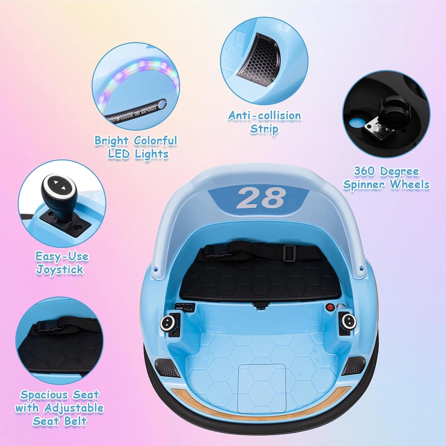 12V Kids Electric Bumper Car with Remote Control, 360 Degree Spin, LED Lights,Music & Battery Display, Dual 30W Motors