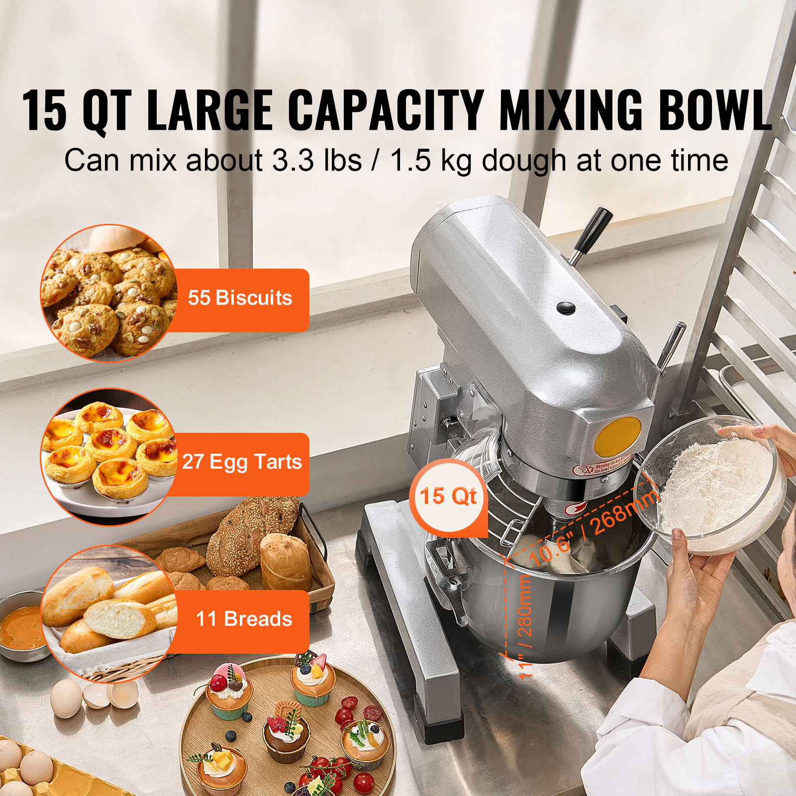 HONGGE Commercial Food Mixer Commercial Stand Mixer with 3 Adjustable Speeds 550W Dough Mixer with Stainless Steel Bowl