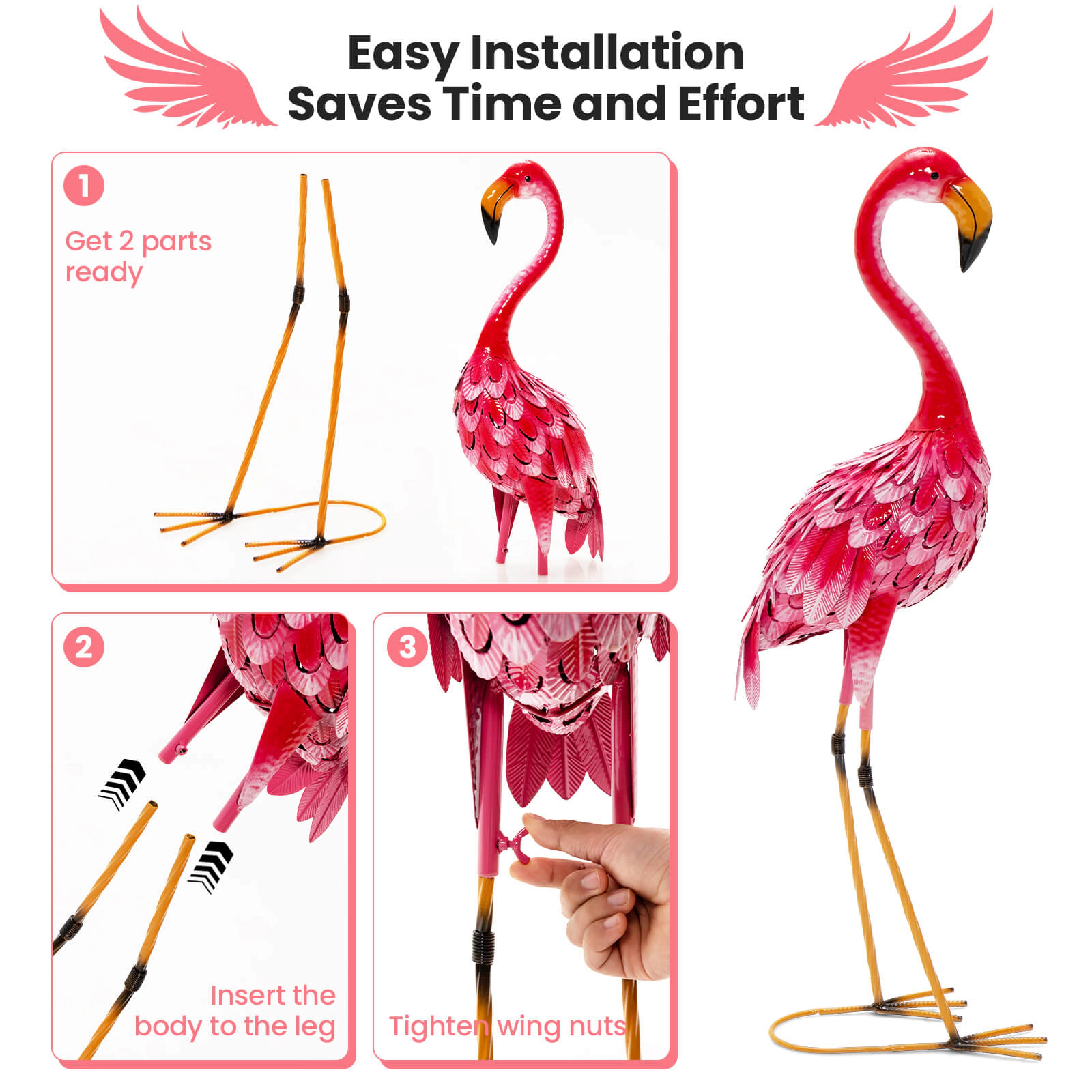 SUGIFT Set of 2 Pink Metal Flamingo Garden Statues with Gradient Feather Details 8-in W 11-in D 35-in H