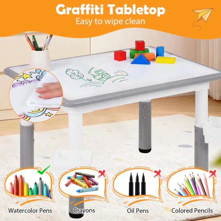 Hivvago Height Adjustable  Kids Table And 4 Chairs Set With Graffiti Desktop 2 Storage Baskets