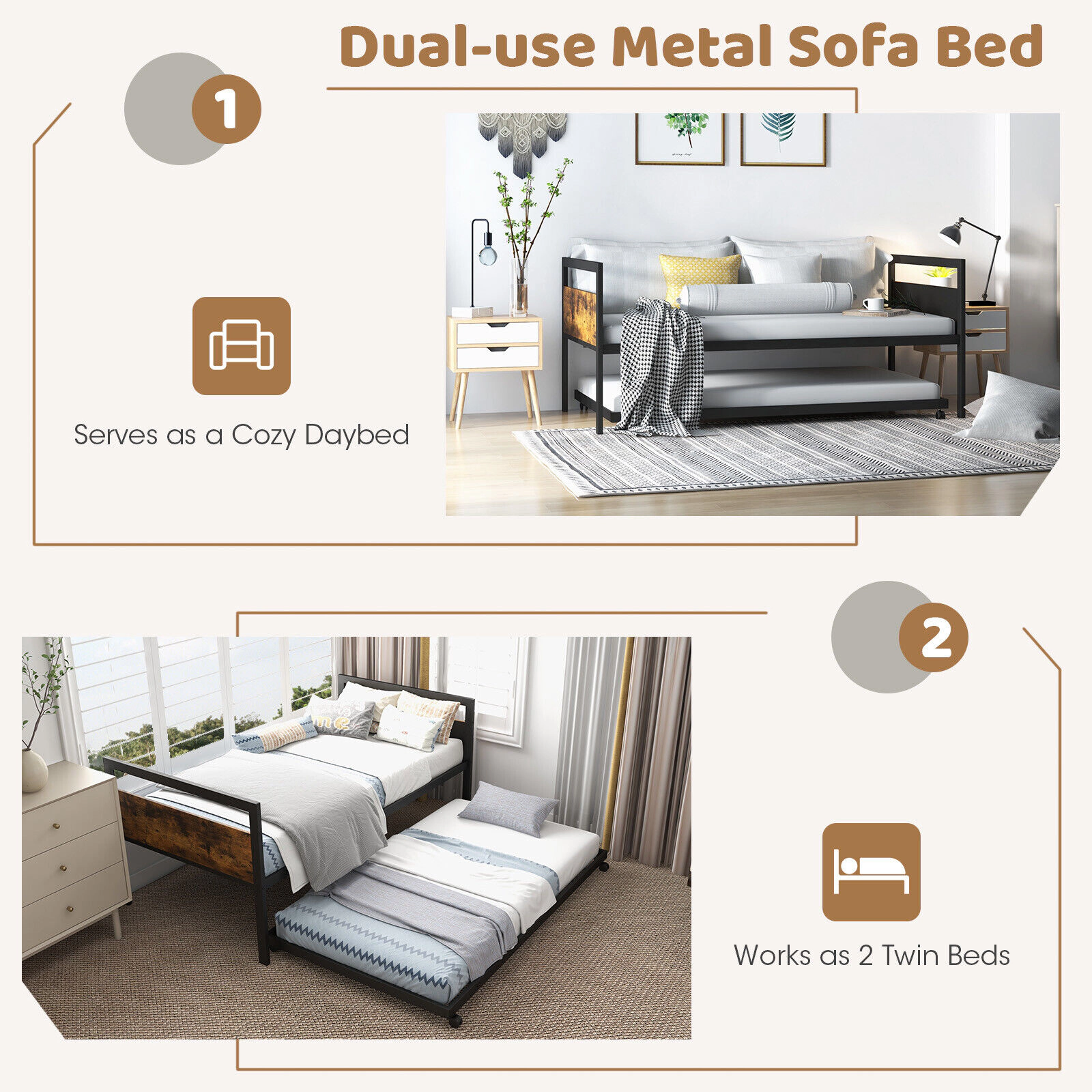 SUGIFT Twin Daybed Trundle Lockable Wheels Twin Size 550-lb Sofa Capacity 265-lb Trundle Capacity Rustic Brown & Black