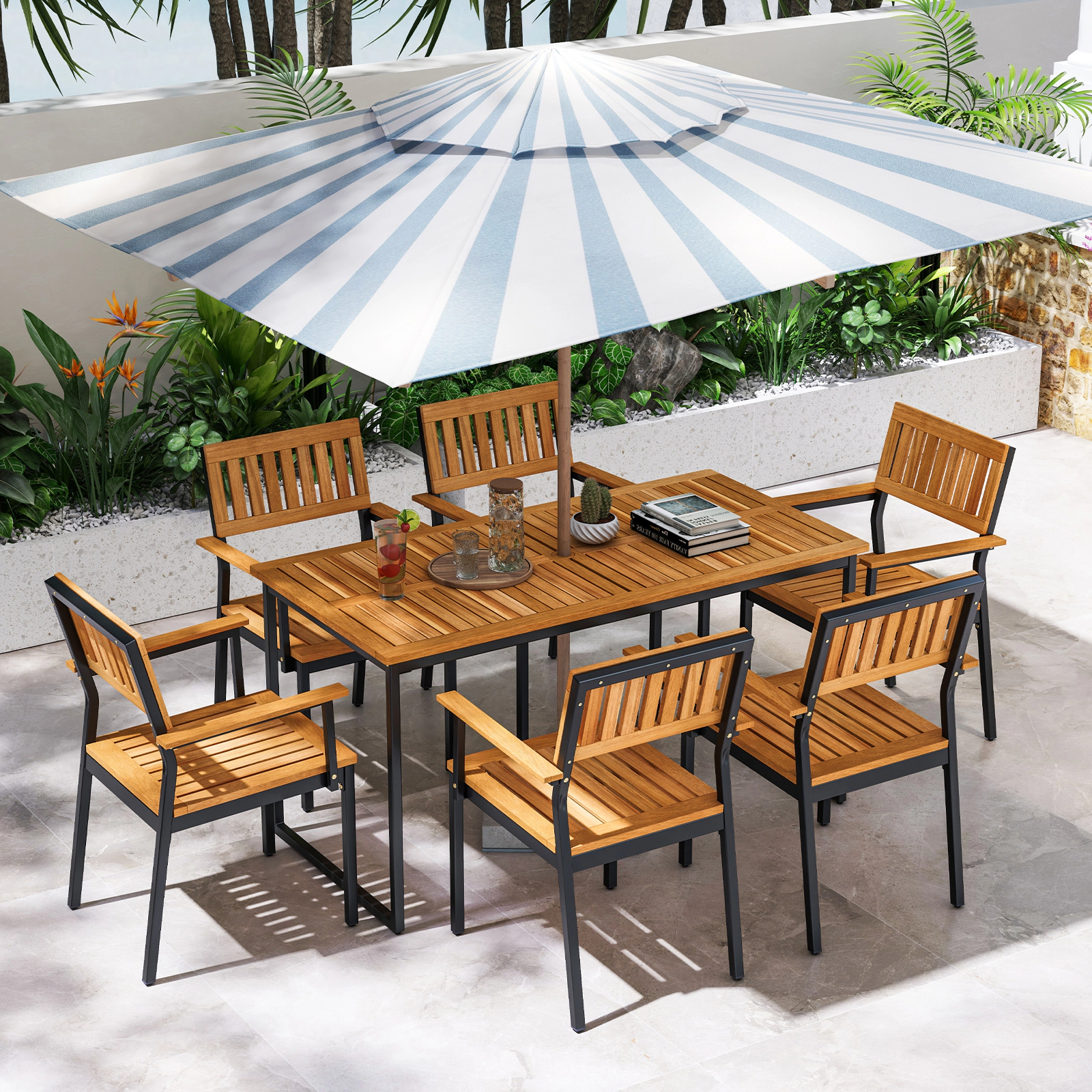 SUGIFT Acacia Wood Dining Table for 6 People with Slatted 55-in Tabletop Umbrella Hole 165-lb Capacity Natural and Black