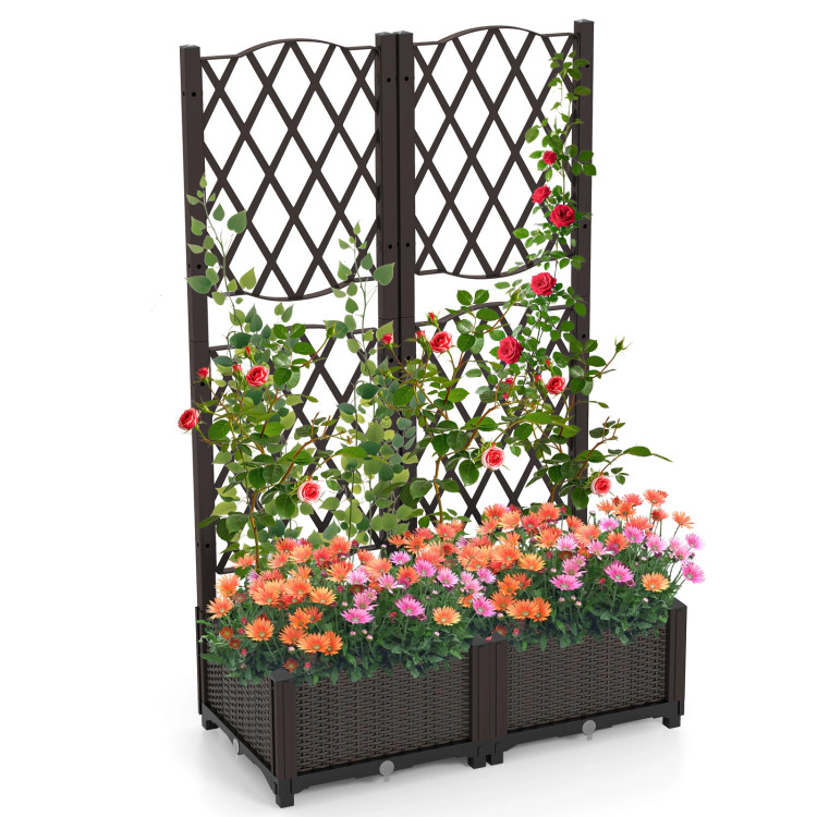 Hivvago Set of 2 PE Rattan Raised Garden Bed with Trellis Planter Box for Climbing Plants