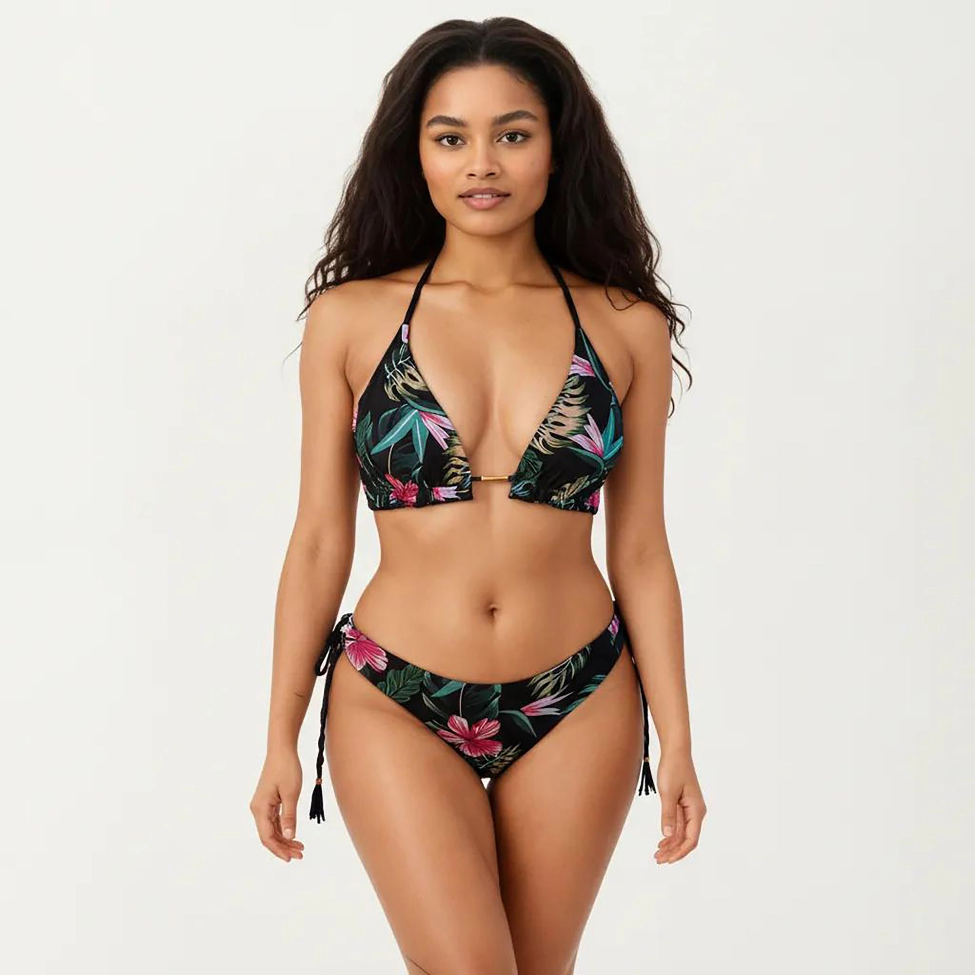 Anna-Kaci Women's 2-Piece Halter Bikini Set with Tropical Print and Tie Side Bottom