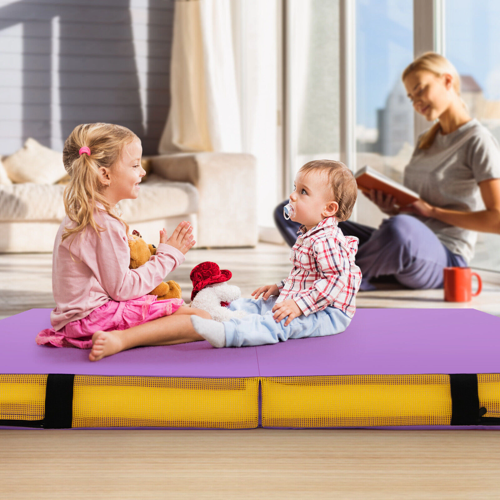 SUGIFT Bi-Folding Gymnastic Tumbling Mat with Handles and Cover 4-in Thick Pink/Purple/Blue