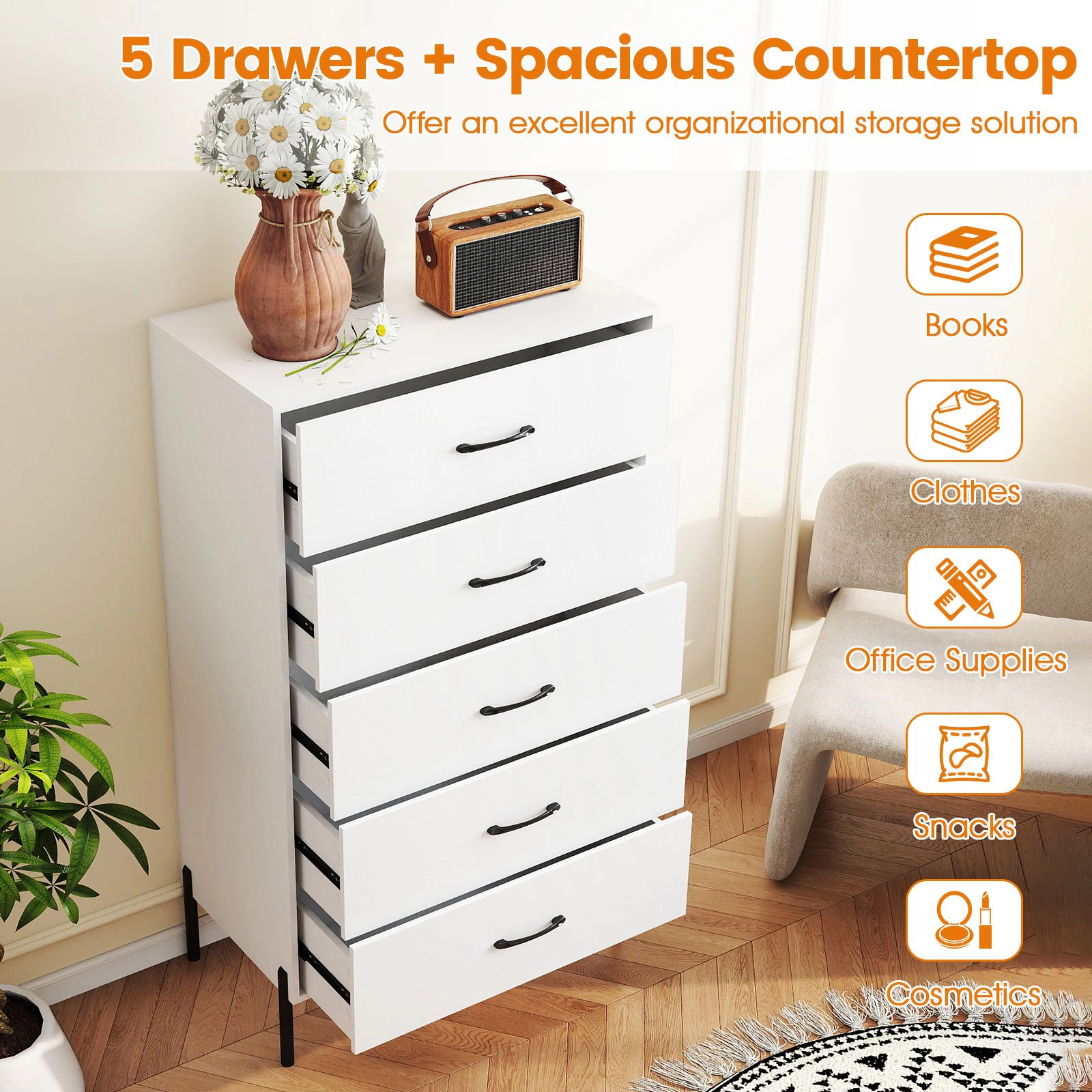 SlickBlue 5 Drawer Storage Chest Tall Dresser for Bedroom Living Room