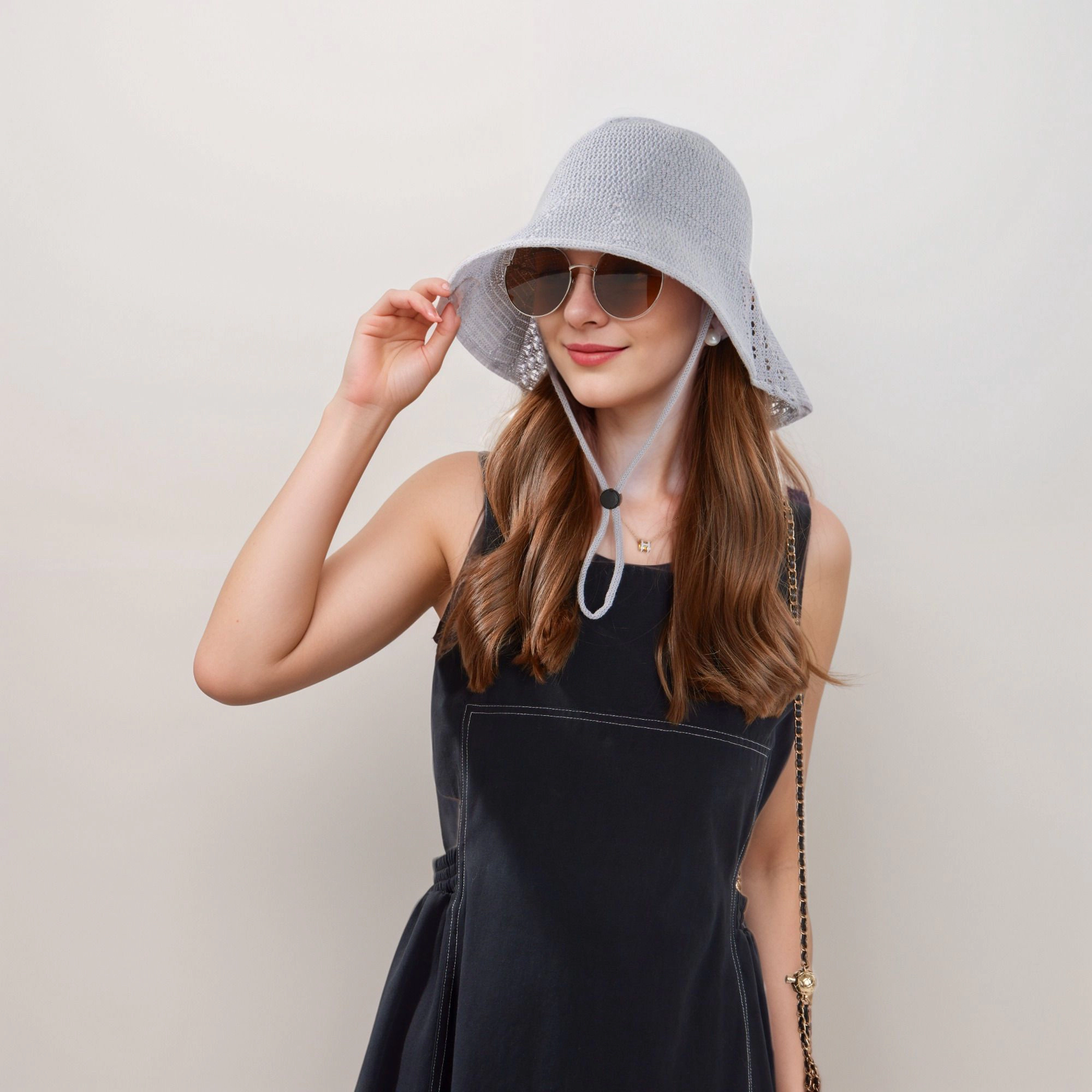 Anna-Kaci Women's Crochet Bucket Hat with Adjustable Chin Strap and Back Button Eyelet Panel for Sun Protection