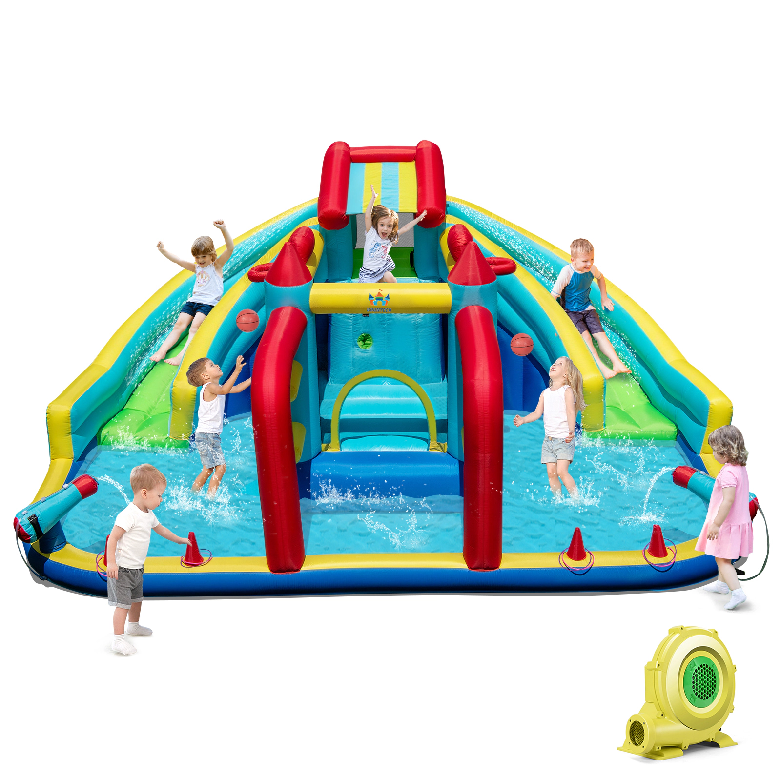 LJG Kids Inflatable Double Water Slide Park with Obstacle Course and 735W Blower