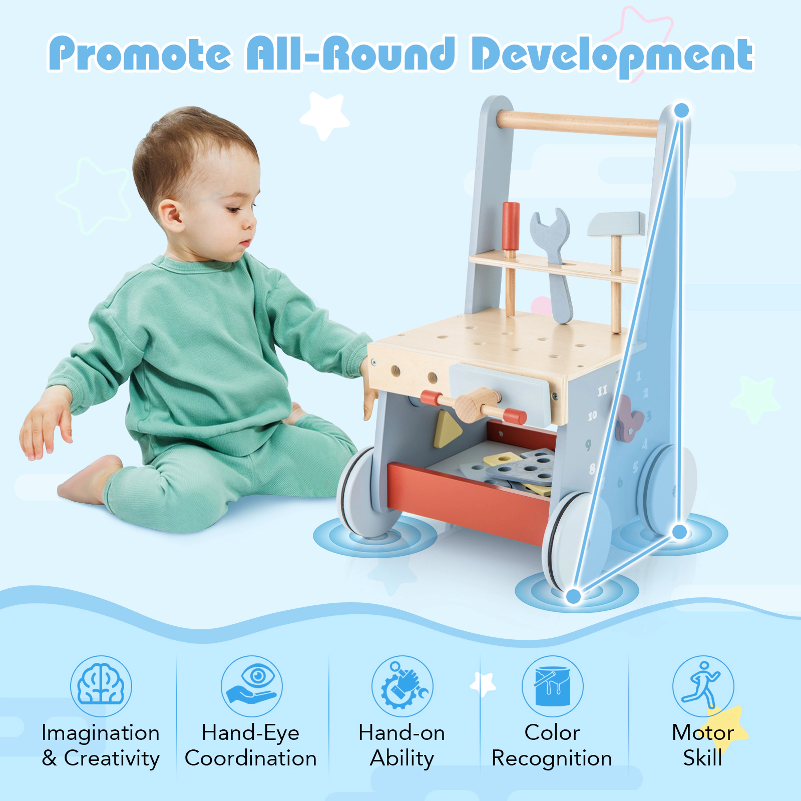 SUGIFT 2-in-1 Wooden Baby Push Walker and Kids Work Bench 18.5-in Tall Ages 3+ Blue