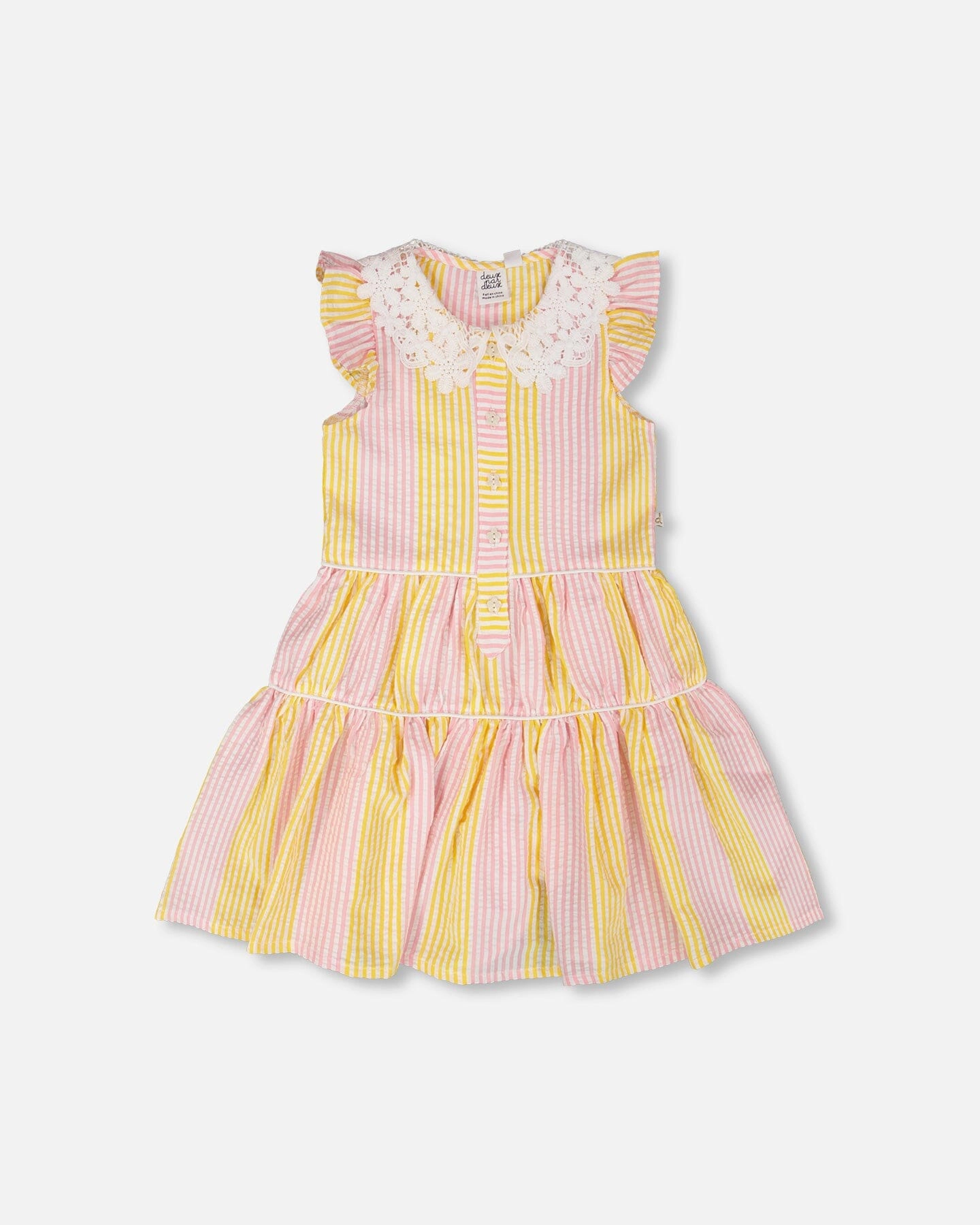 Deux par Girls Striped Crochet Peter Pan Collar Button Front Tiered Dress