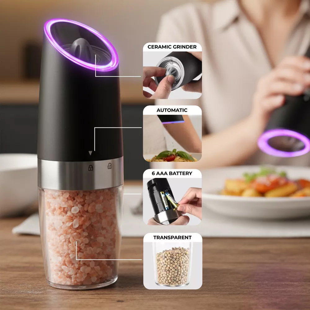 Luminuxe Gravity Electric Pepper and Salt Grinder Set – One-Handed Automatic Operation, Adjustable Coarseness, LED Light