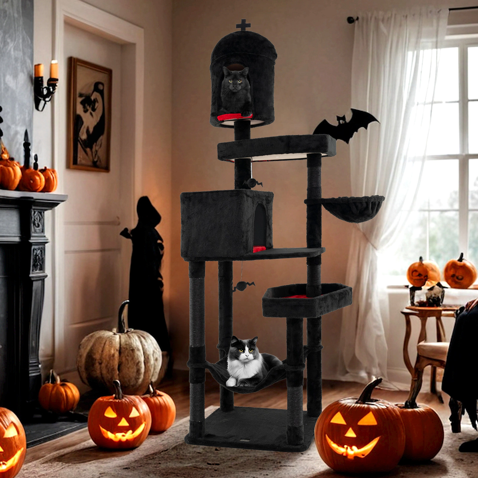SUGIFT Gothic Cat Tree with 2 Cat Condos Coffin Beds Hammock 83-in Tall 22-lb Layers 11-lb Hammock Black & Red