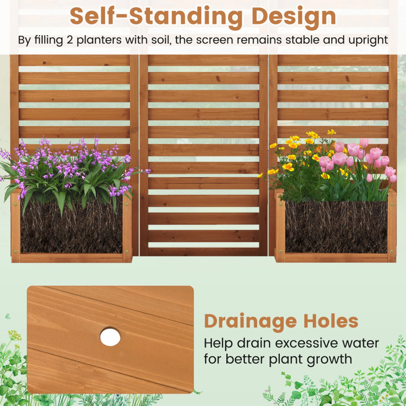 SUGIFT 3-Panel Yellow Fir Wood Garden Privacy Fence with 2 Self-Draining Planter Boxes 62-in W 20-in D 66-in H