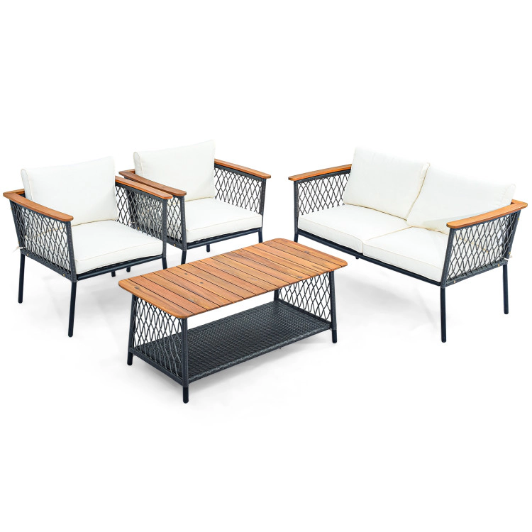 Hivvago 4 Piece Patio Rattan Furniture Set With 2-Tier Coffee Table-White