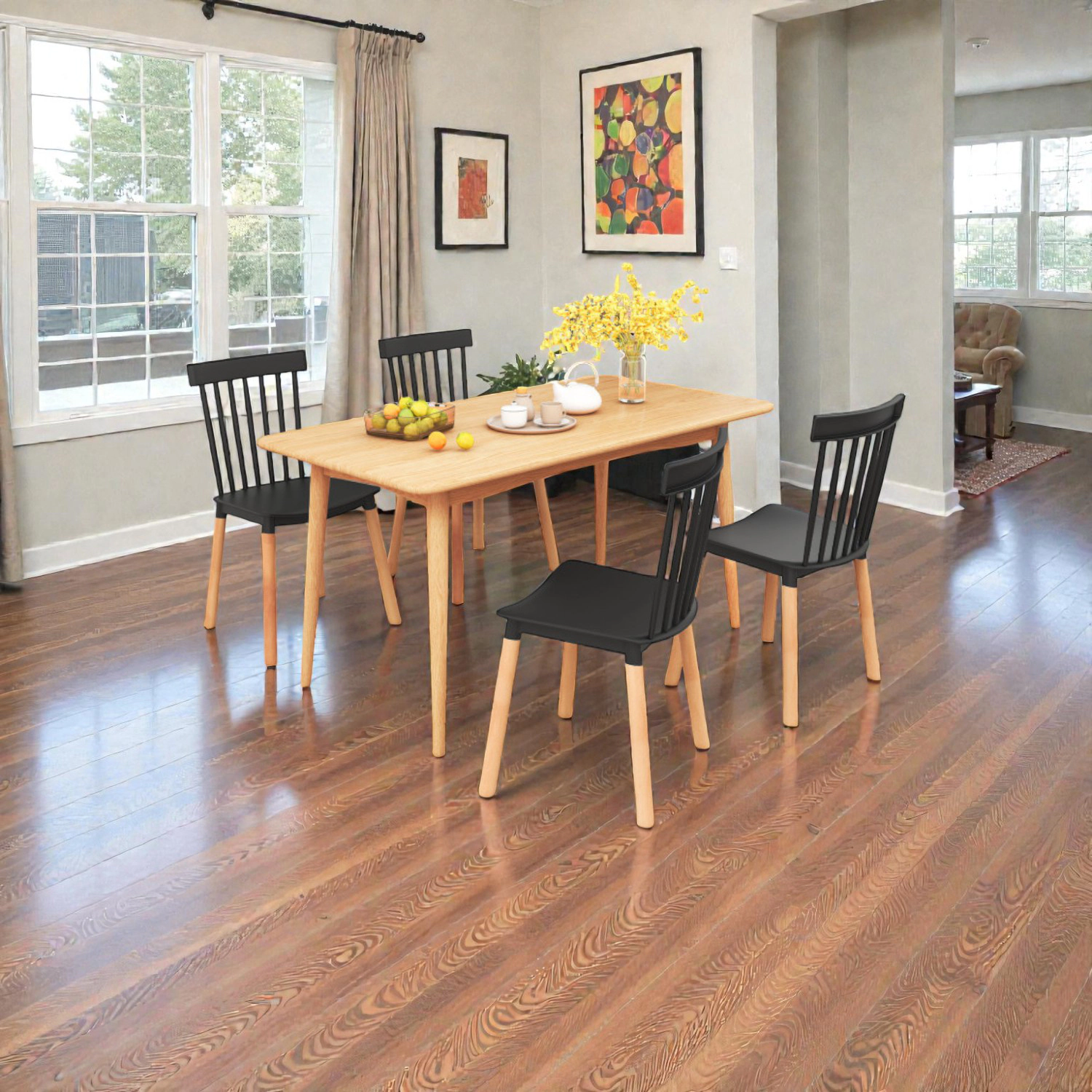 Hivvago Four Dining Chairs with Sculpted Seats and Timeless Spindle-Back Design