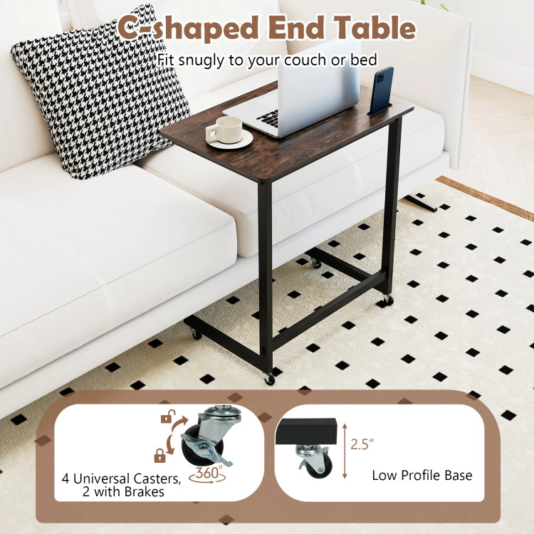 Hivvago C-Shaped End Table With Wheels Mobile Bedside Table With Built-In Phone Slot