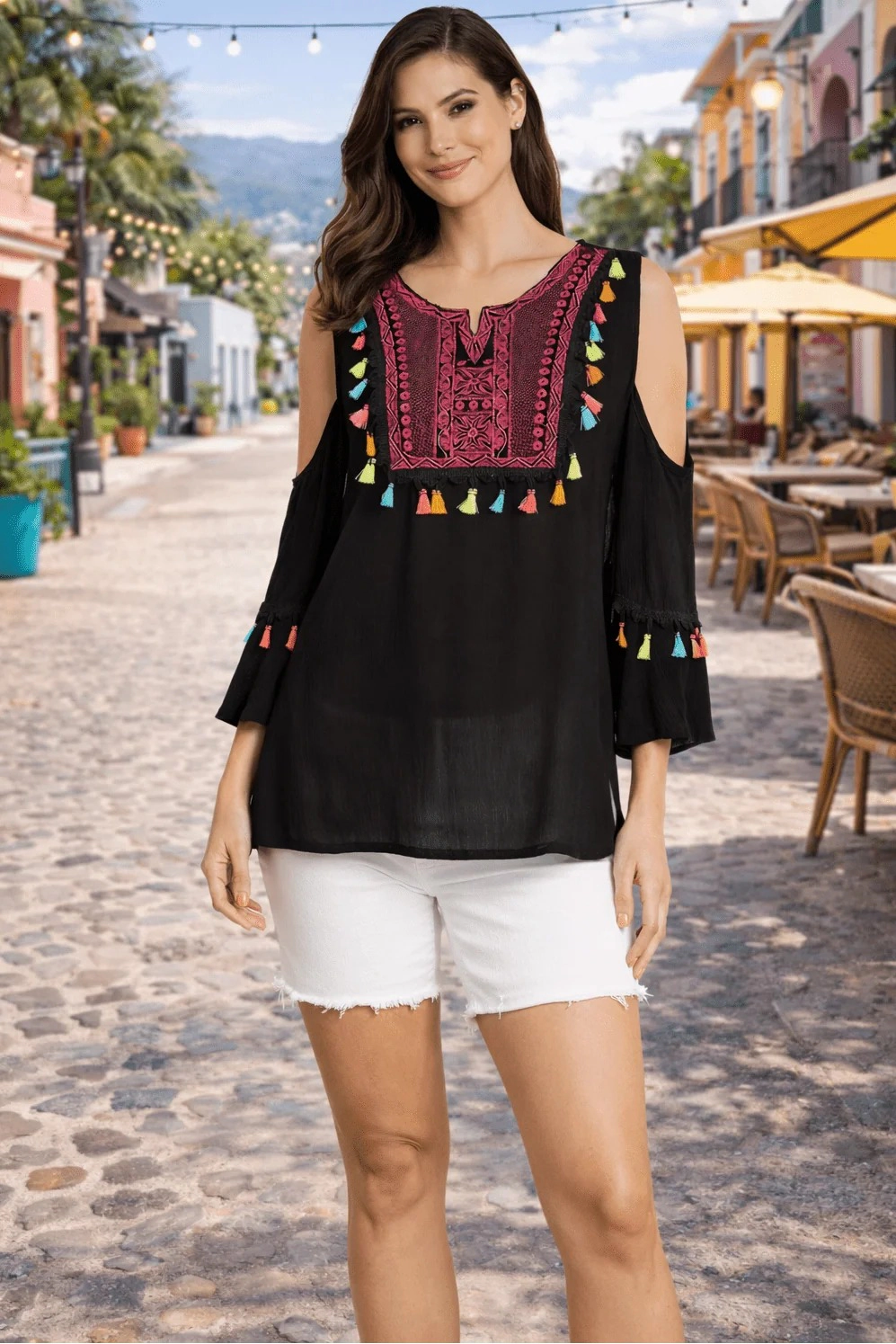 La Moda Clothing Women's Cold-Shoulder Tassel Cover-Up Top - Resortwear