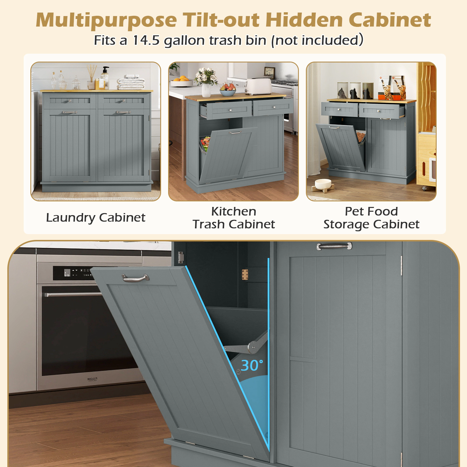 Glintex 39.5-Inch Tilt-Out Trash Cabinet with Pine Wood Countertop