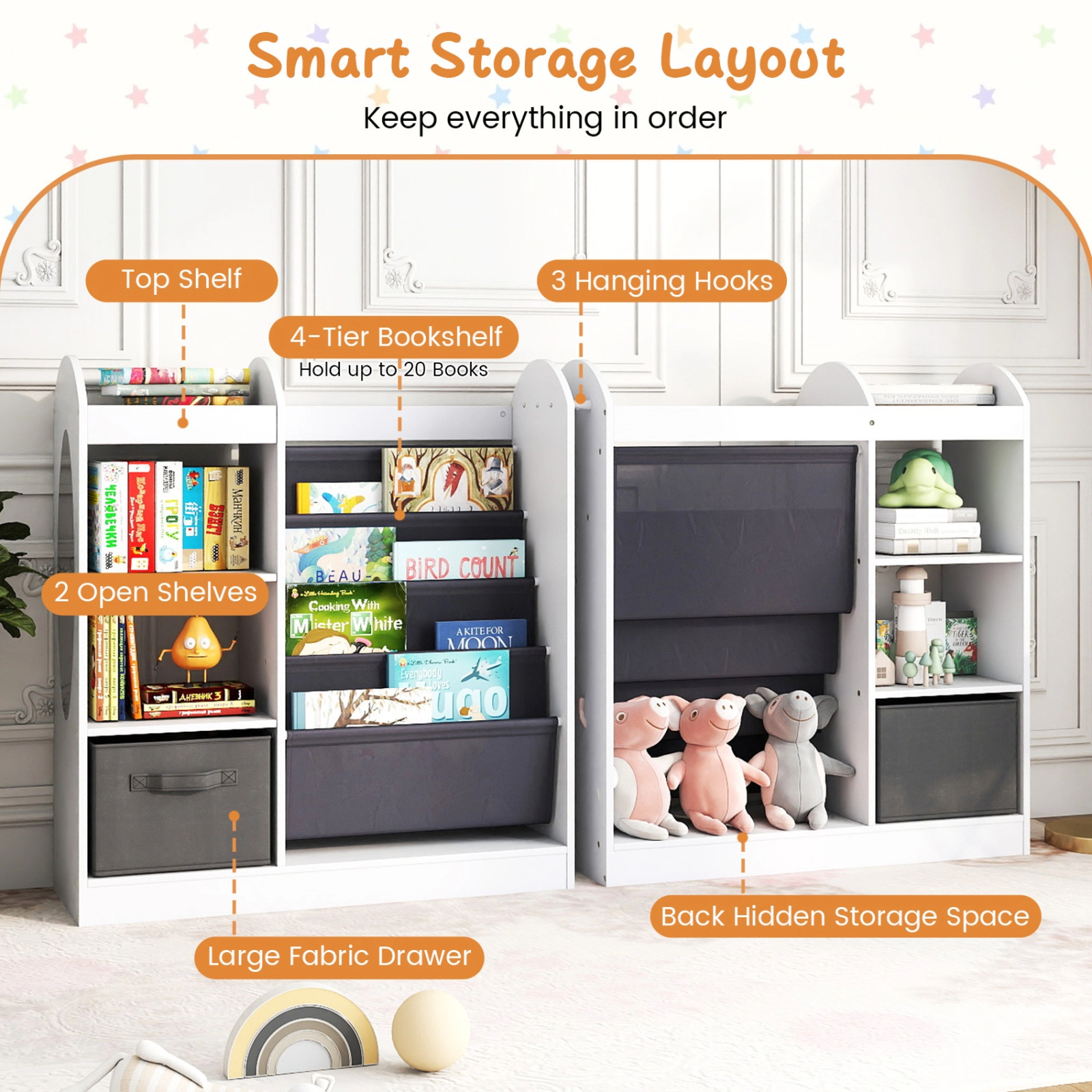 SUGIFT White 22-lb Shelf 4-Tier Sling Kids Bookshelf Toy Storage Organizer with Mirror and Fabric Drawer