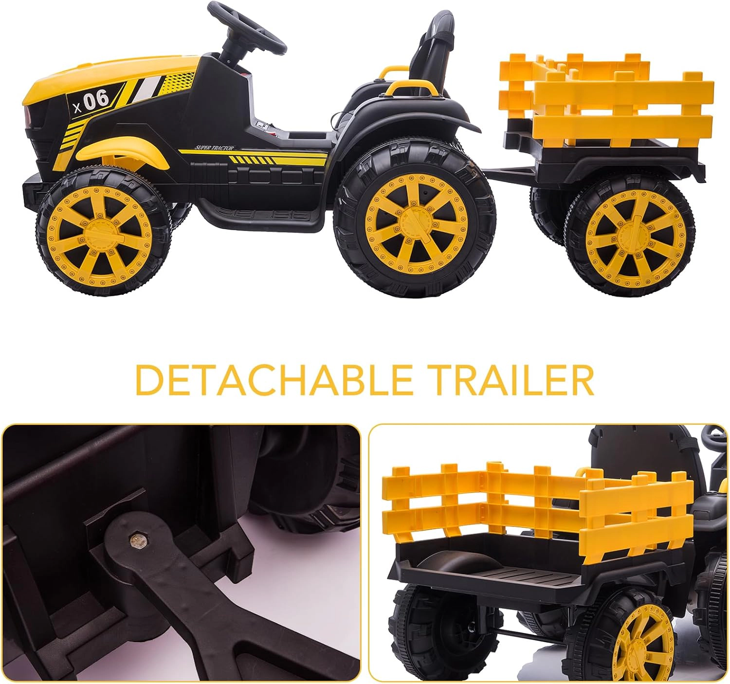 Enjyam 12V Kids Ride On Tractor w/Remote, 7Ah Battery, Dual 35W Motors, Detachable Trailer, LED Lights, Music