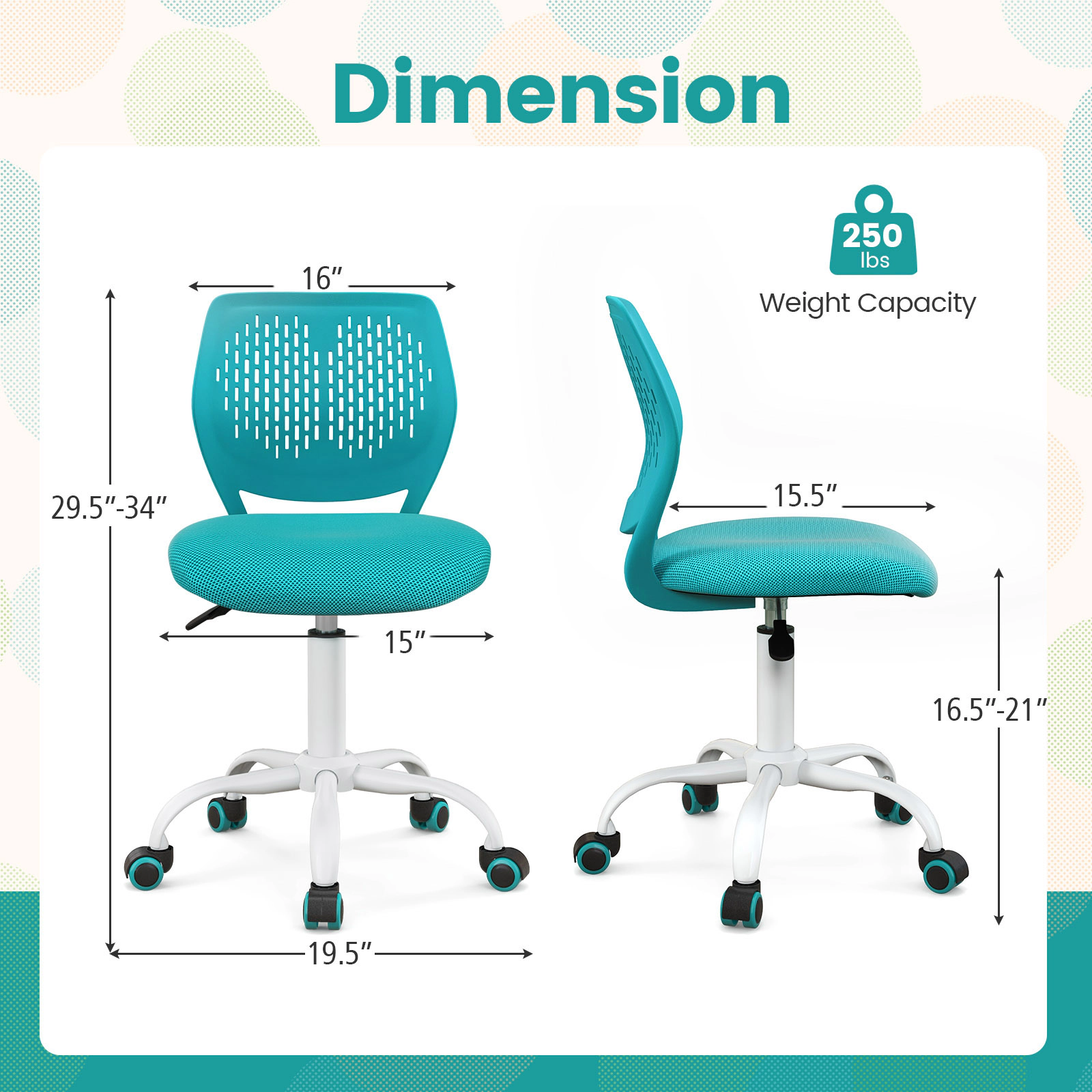 SUGIFT Kids Desk Chair, Height Adjustable 16.5-21 in, Turquoise Mesh Study Chair