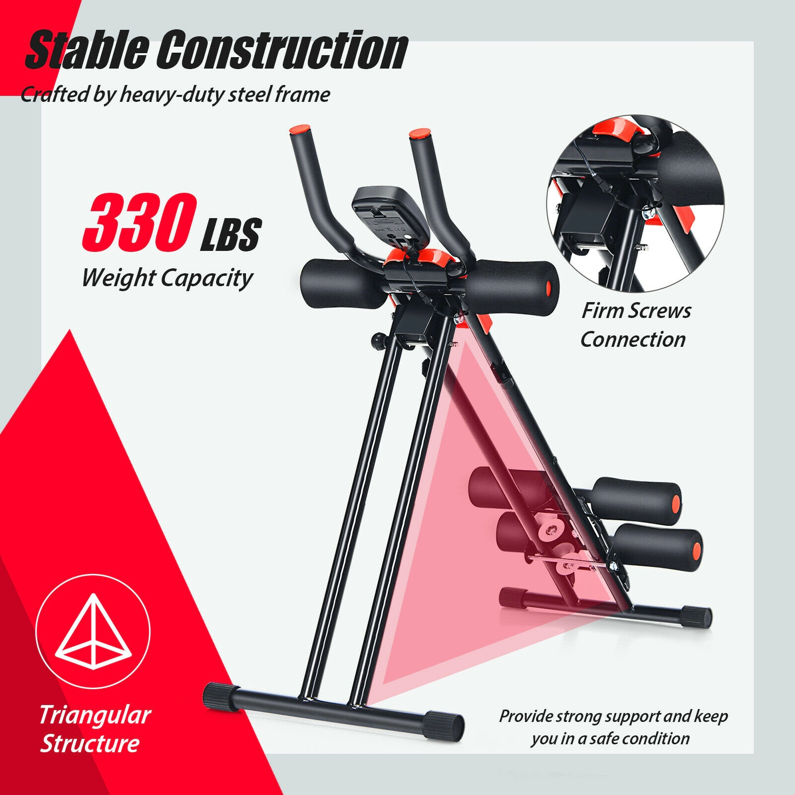 SUGIFT Foldable Core Abdominal Trainer Push-Up Bar 3 Resistance Levels LCD Display 330-lb Capacity Black/Red