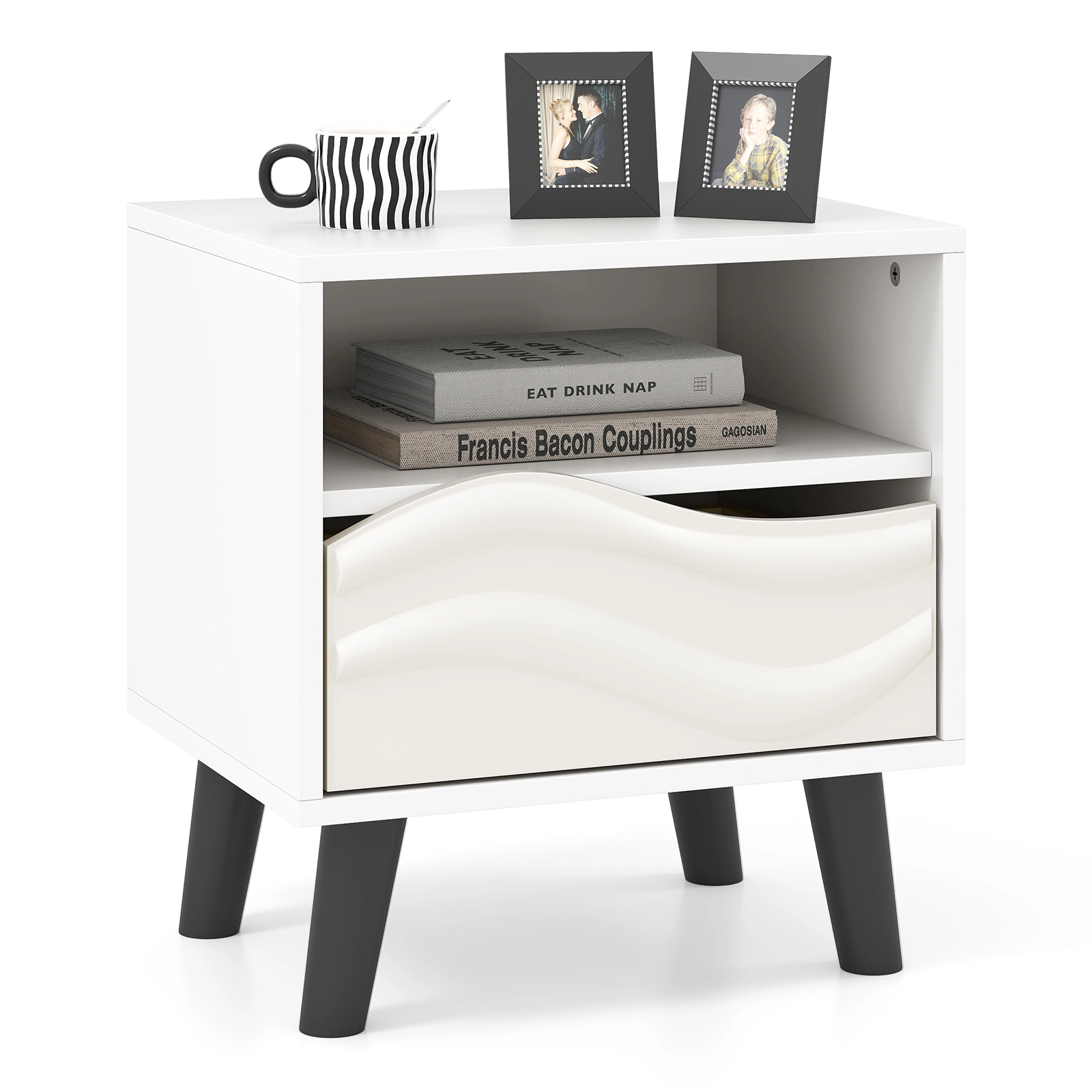 Glintex Mid-Century Nightstand with 3D Wavy Drawer Front and Open Shelf, White