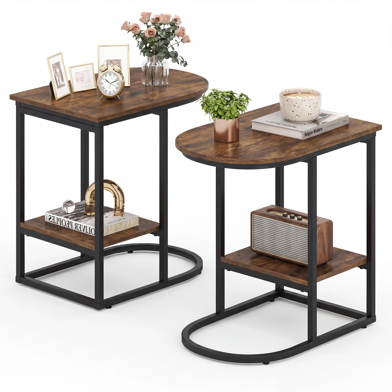SlickBlue Set of 2 Modern C Table with Metal Frame and Marble Style Top