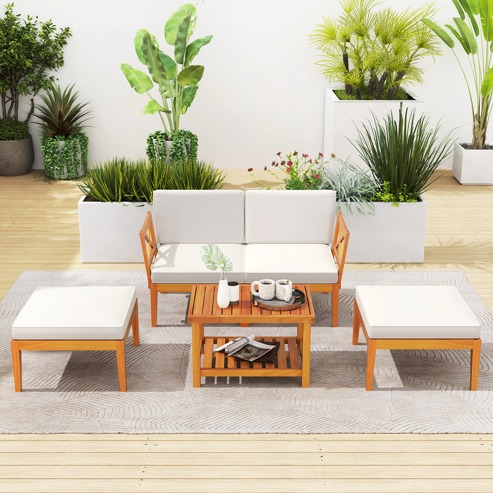 SUGIFT 5-Piece Off-White Acacia Wood Patio Chaise Lounge Set with Ottoman and 2-Tier Table