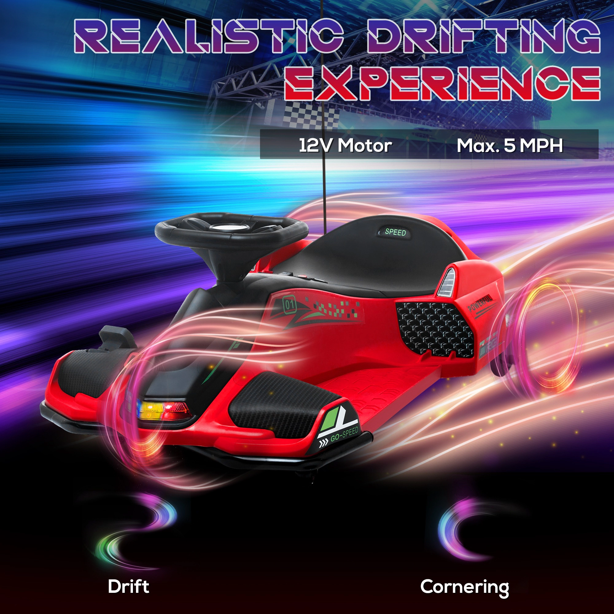 HONGGE 12V Electric Drift Go Kart for Kids with Music, Lights & Slow-Start Technology, Red