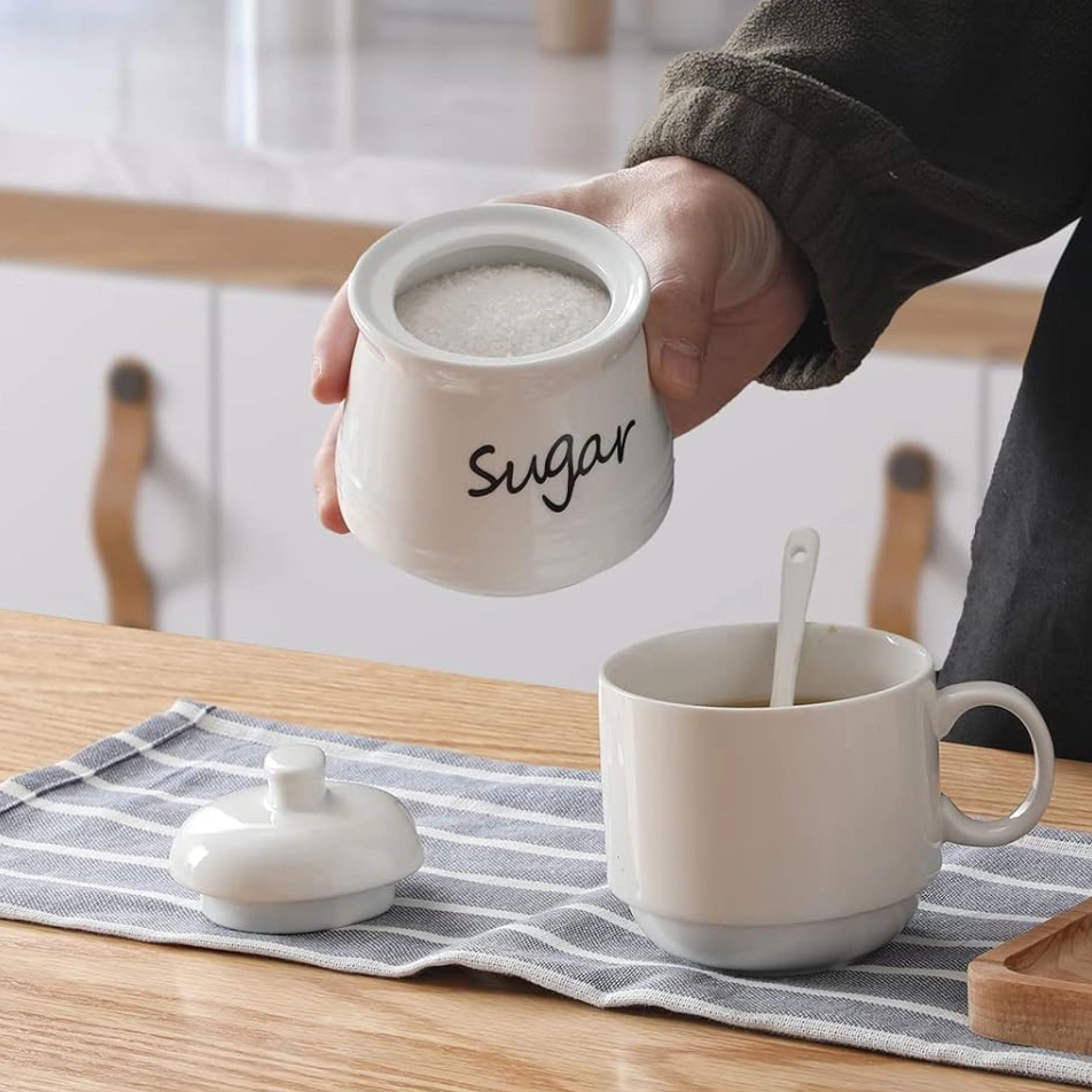 Stock Preferred 12 oz Ceramic Sugar Bowl with Lid and Serving Spoon
