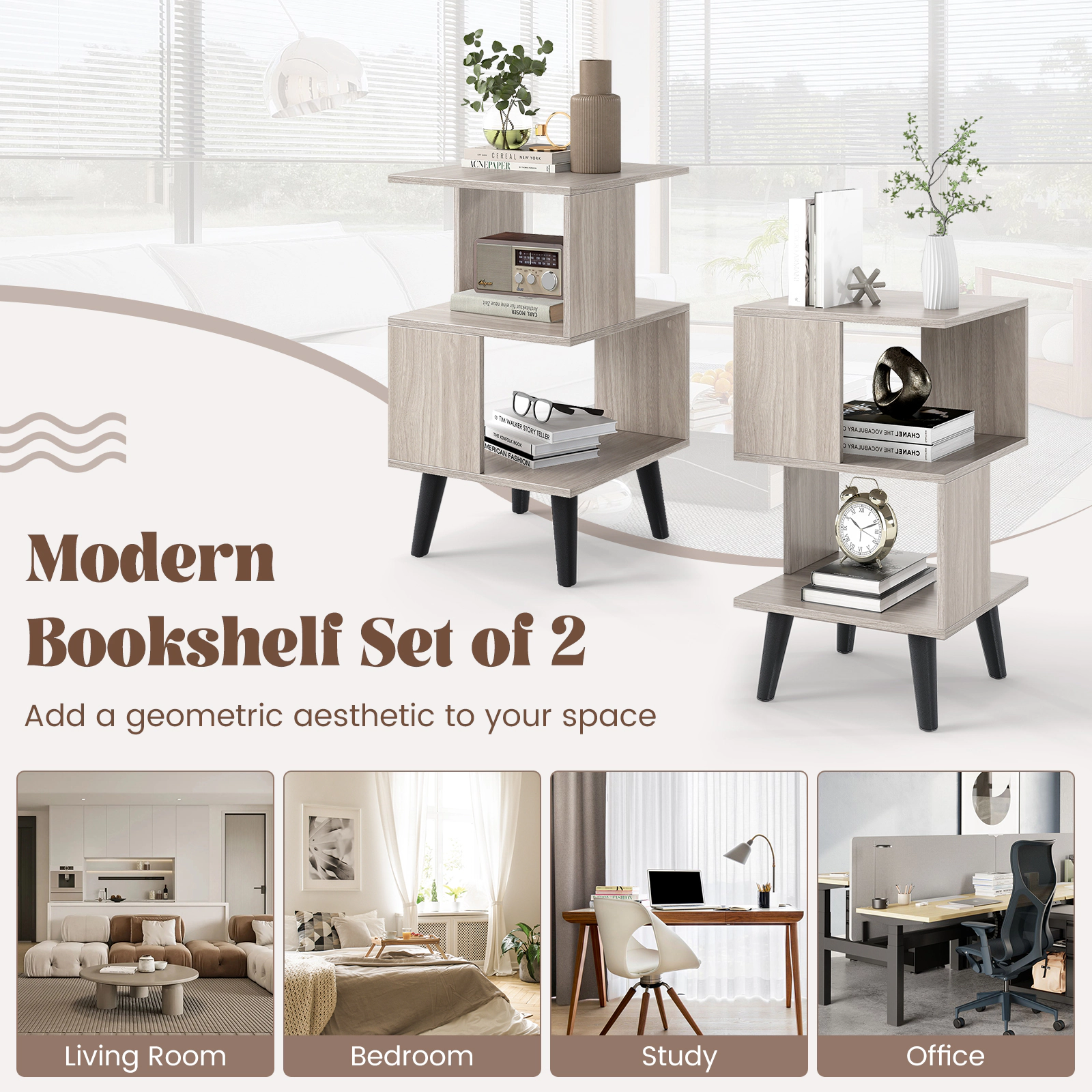 Slickblue 2 Piece End Table Set 16 Inch Square Nightstand with 2 Open Shelves Grey