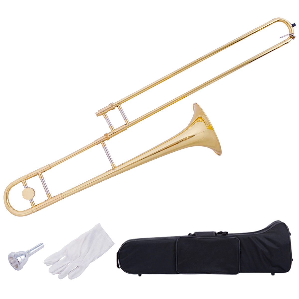 SUGIFT Gold Lacquer B-Flat Brass Trombone with Cupro-Nickel Mouthpiece Carrying Case and White Gloves