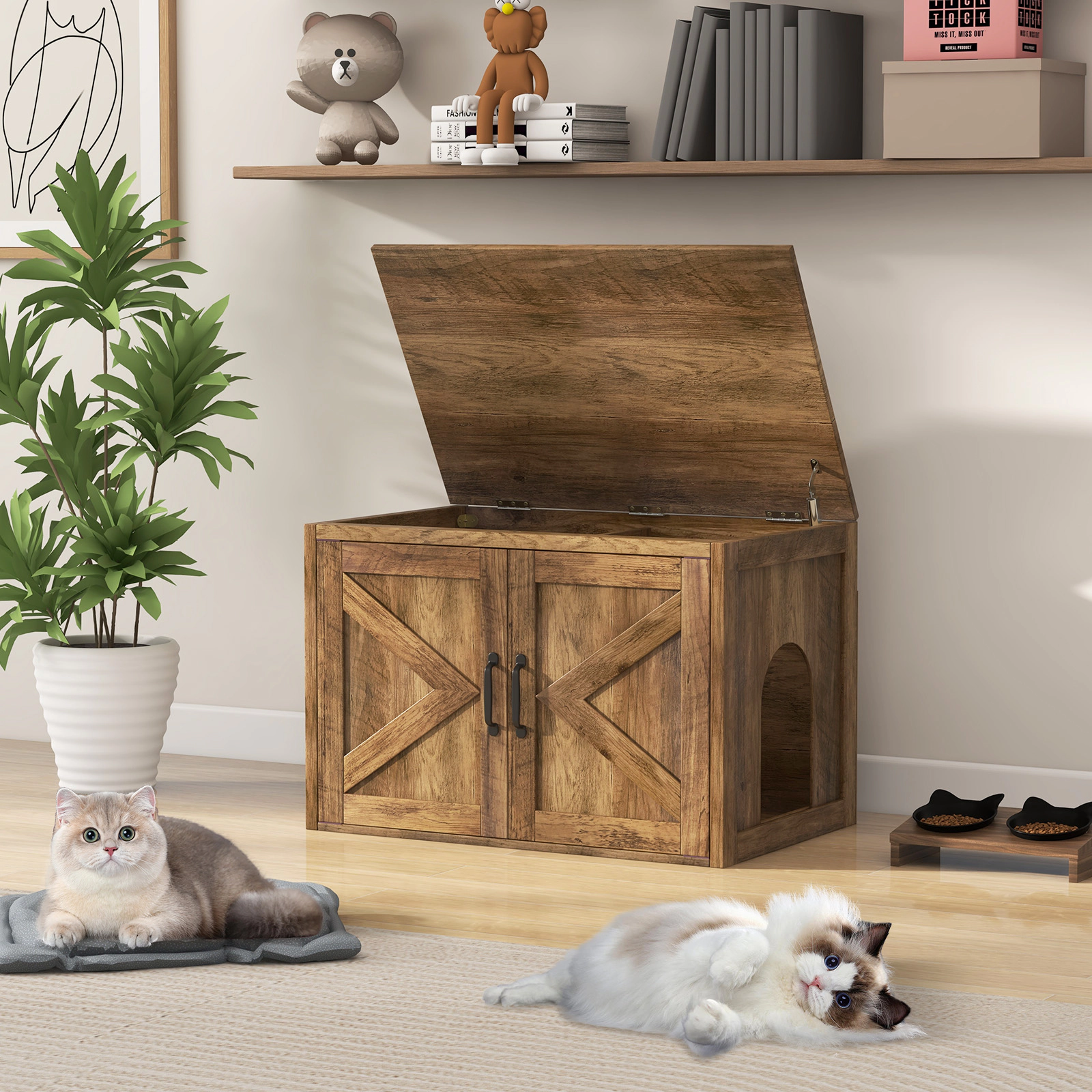 SUGIFT Flip Top Hidden Cat Washroom Pet House Cabinet with Double Barn Doors 66-lb Top Capacity 55-lb Inner Capacity Oak